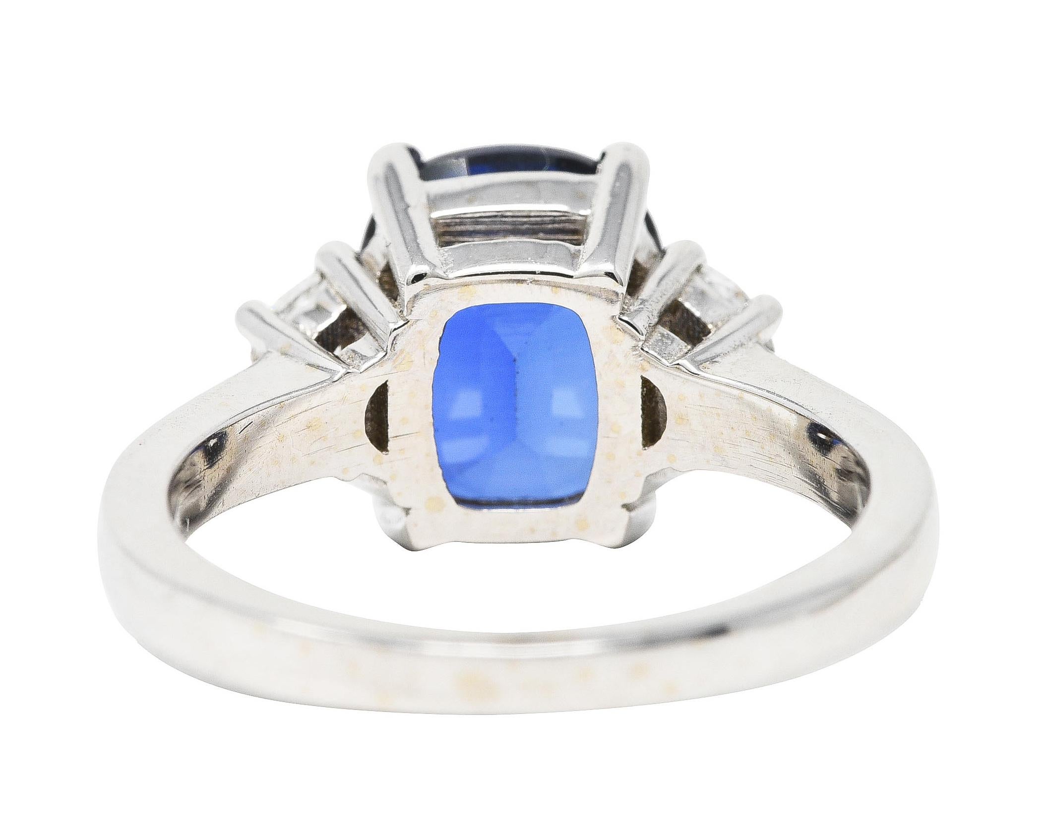 Cushion Cut Blue Sapphire Half Moon Diamond 14 Karat White Gold Three-Stone Vintage Ring