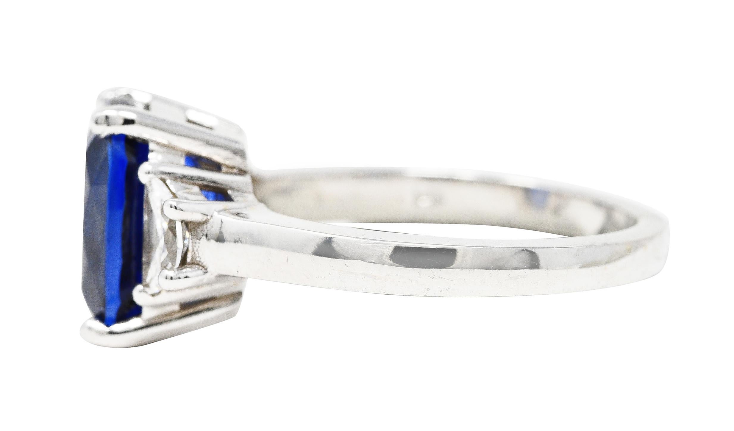 Blue Sapphire Half Moon Diamond 14 Karat White Gold Three-Stone Vintage Ring In Excellent Condition In Philadelphia, PA