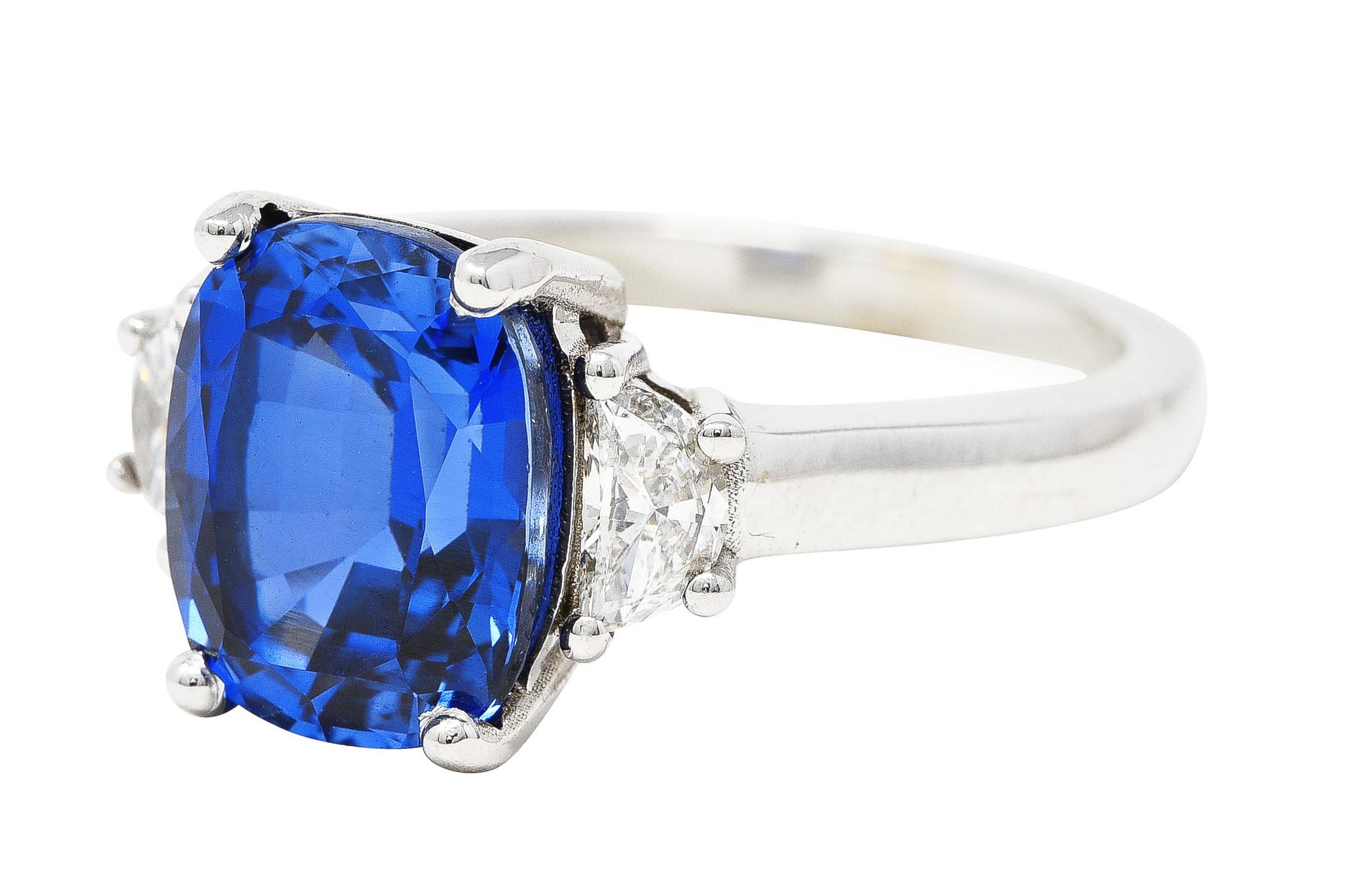 Women's or Men's Blue Sapphire Half Moon Diamond 14 Karat White Gold Three-Stone Vintage Ring