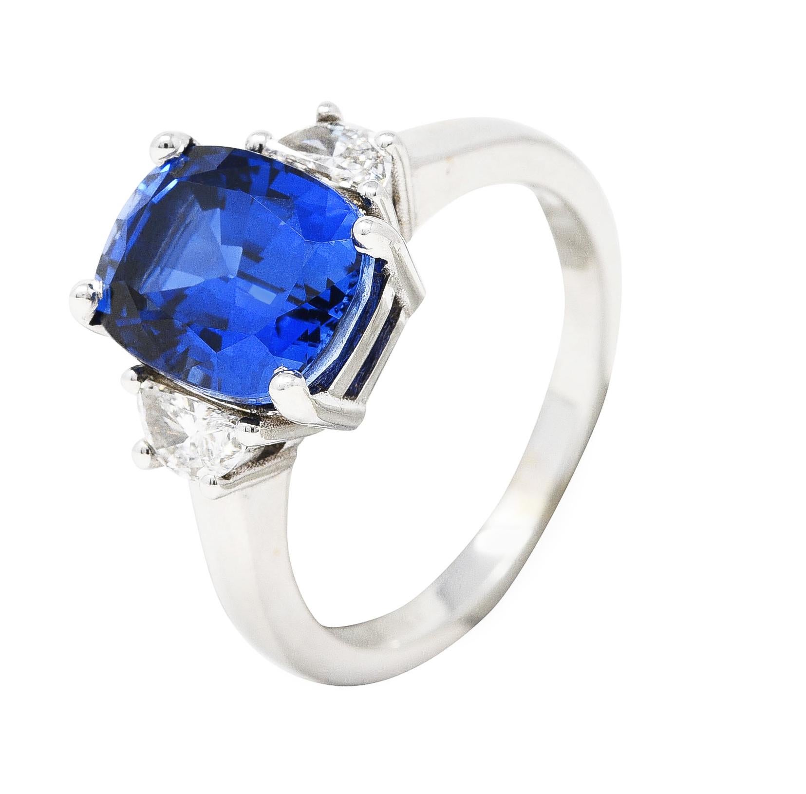 Blue Sapphire Half Moon Diamond 14 Karat White Gold Three-Stone Vintage Ring 3