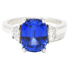 Blue Sapphire Half Moon Diamond 14 Karat White Gold Three-Stone Vintage Ring