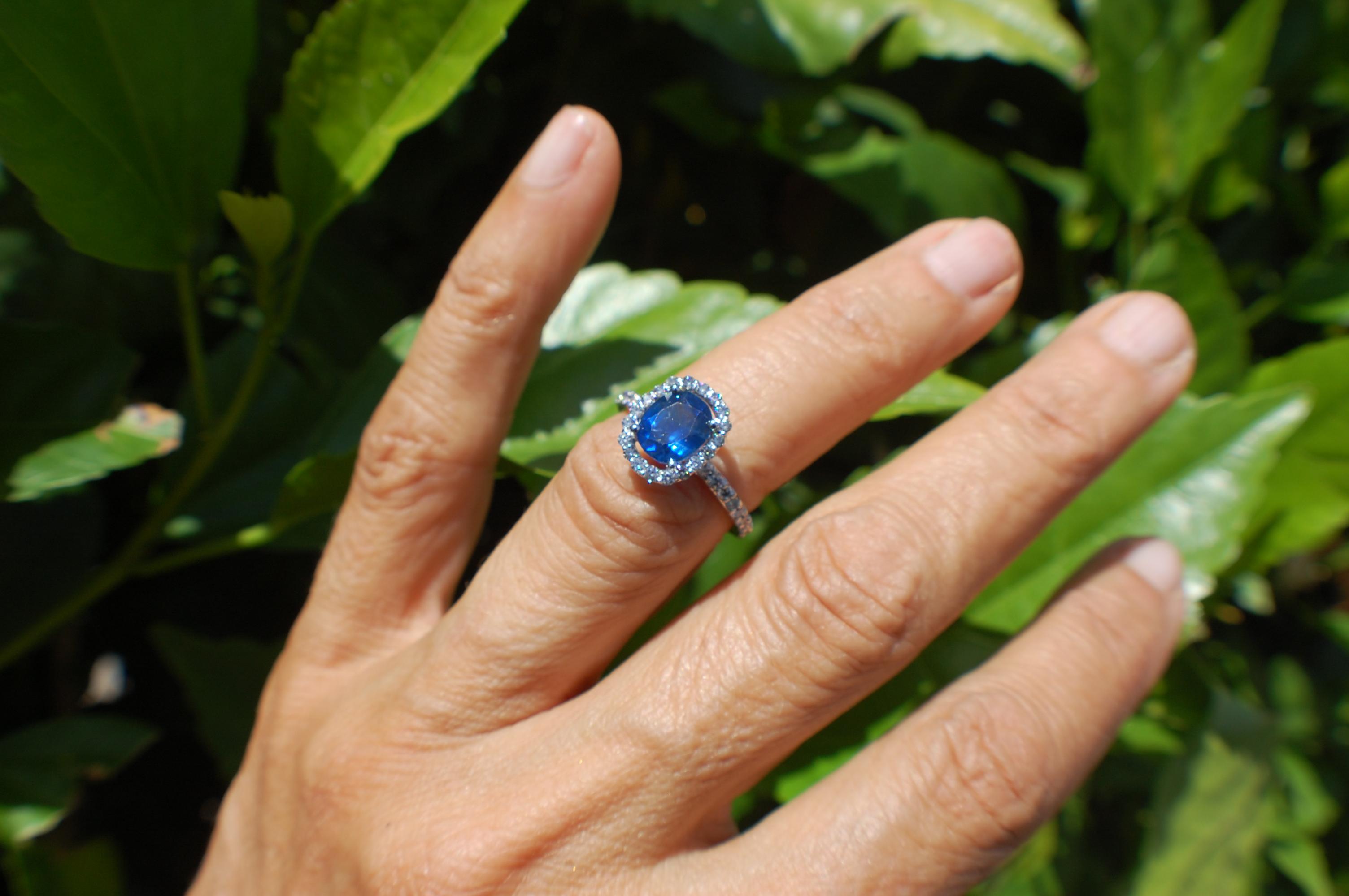 Blue Sapphire Halo and Diamond Solitaire Ring, 2.82 Total In Good Condition For Sale In Laguna Hills, CA