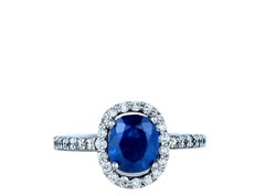 Blue Sapphire Halo and Diamond Solitaire Ring, 2.82 Total