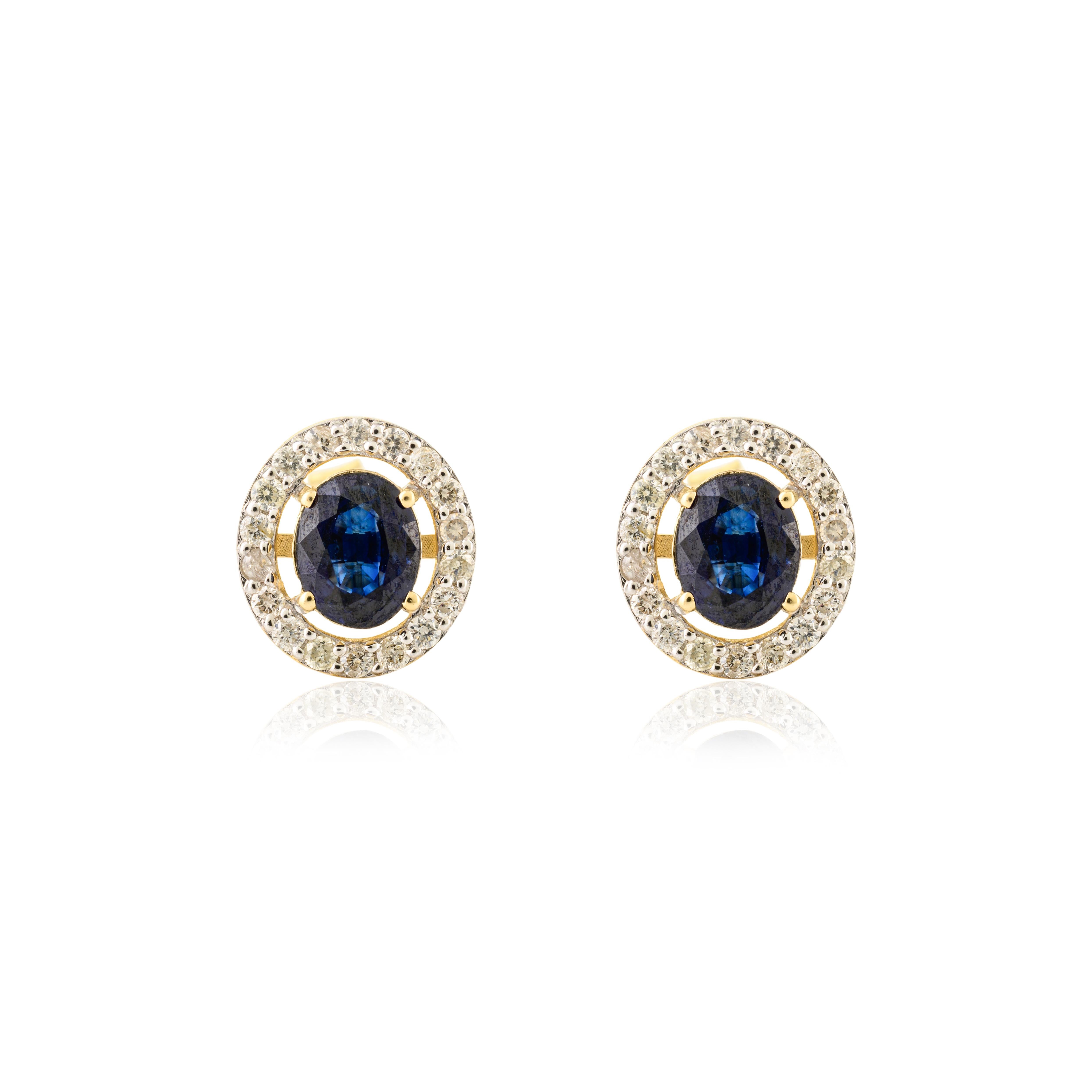 Art Deco Blue Sapphire Halo Diamond Everyday Stud Earrings for Mom in 14k Yellow Gold For Sale