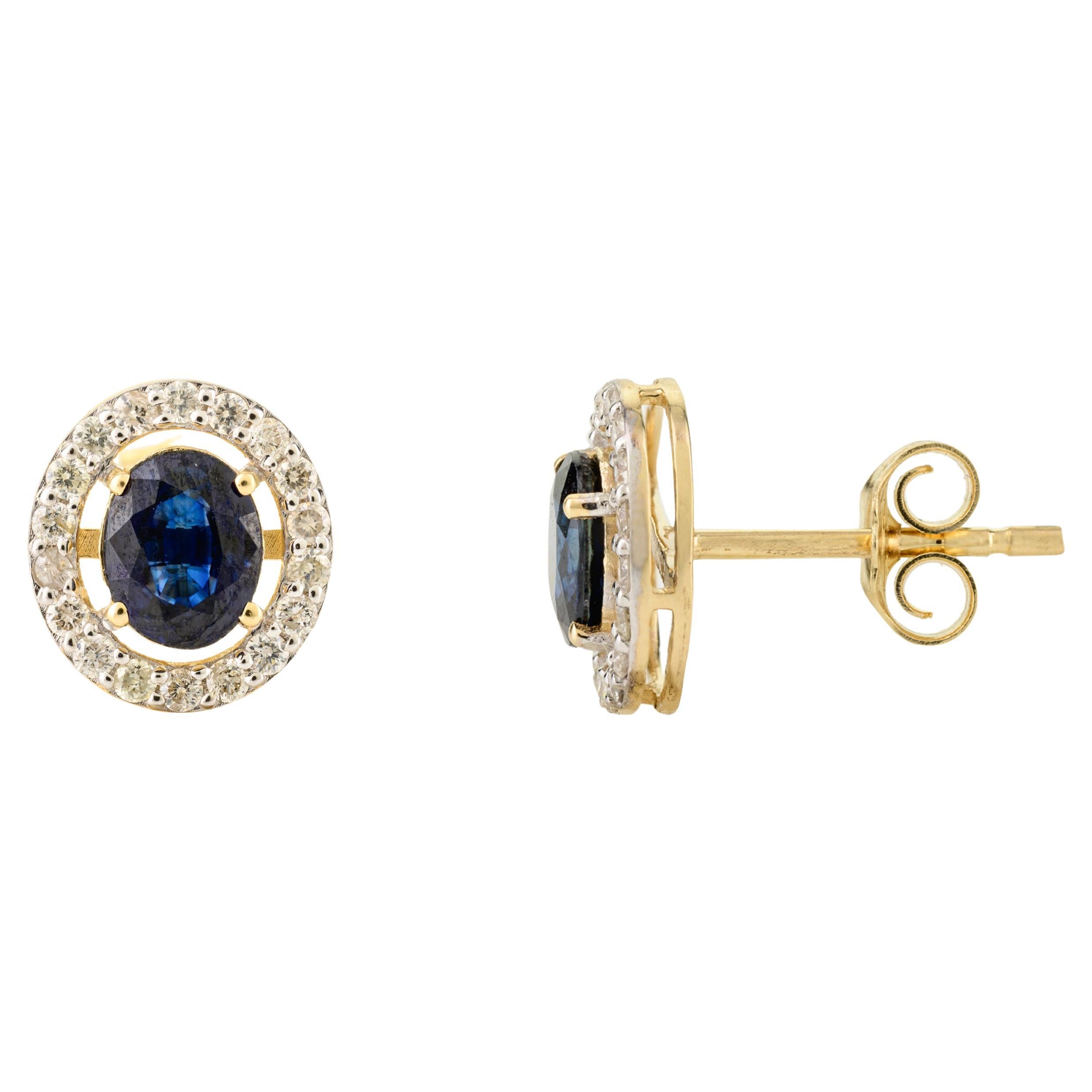 Blue Sapphire Halo Diamond Everyday Stud Earrings for Mom in 14k Yellow Gold For Sale