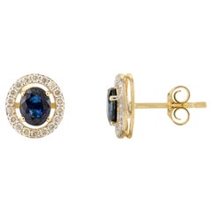 Boucles d'oreilles pour maman en or jaune 14k avec saphir bleu, halo et diamant