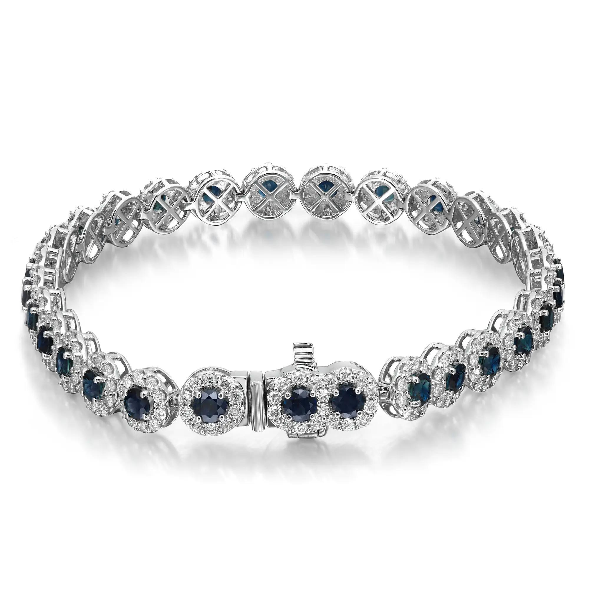 Add a colorful touch of sparkle to your wrist with this gorgeous tennis bracelet from the Rachel Koen collection. Crafted in lustrous 14K white gold. It features 29 prong set round cut blue sapphires highlighted with round brilliant cut diamond