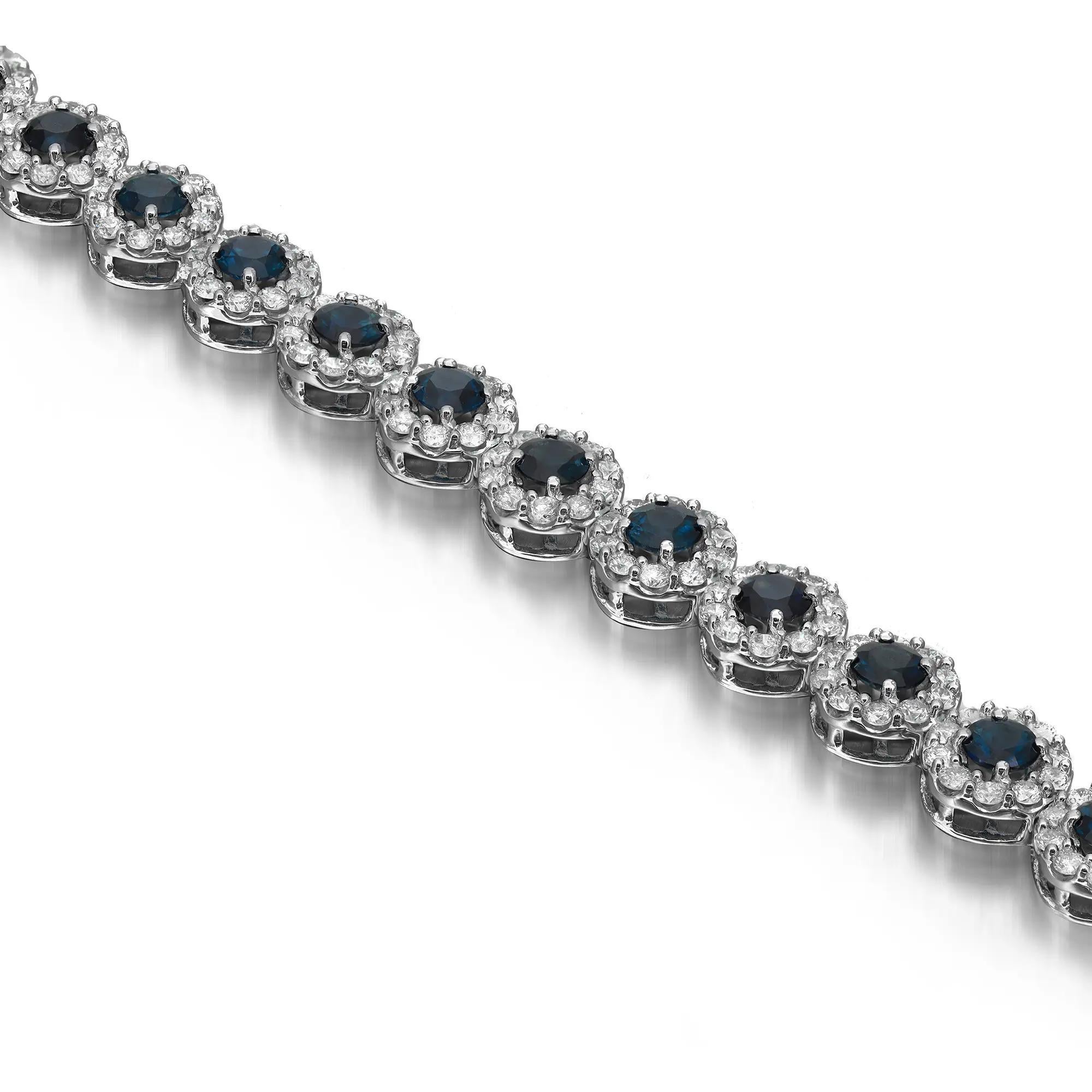 Modern Blue Sapphire & Halo Diamond Tennis Bracelet Round Cut 14K White Gold For Sale