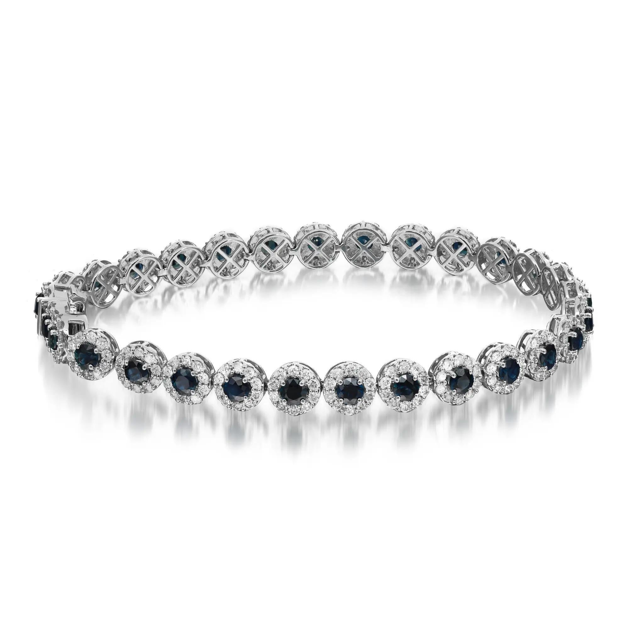 Blue Sapphire & Halo Diamond Tennis Bracelet Round Cut 14K White Gold In New Condition For Sale In New York, NY