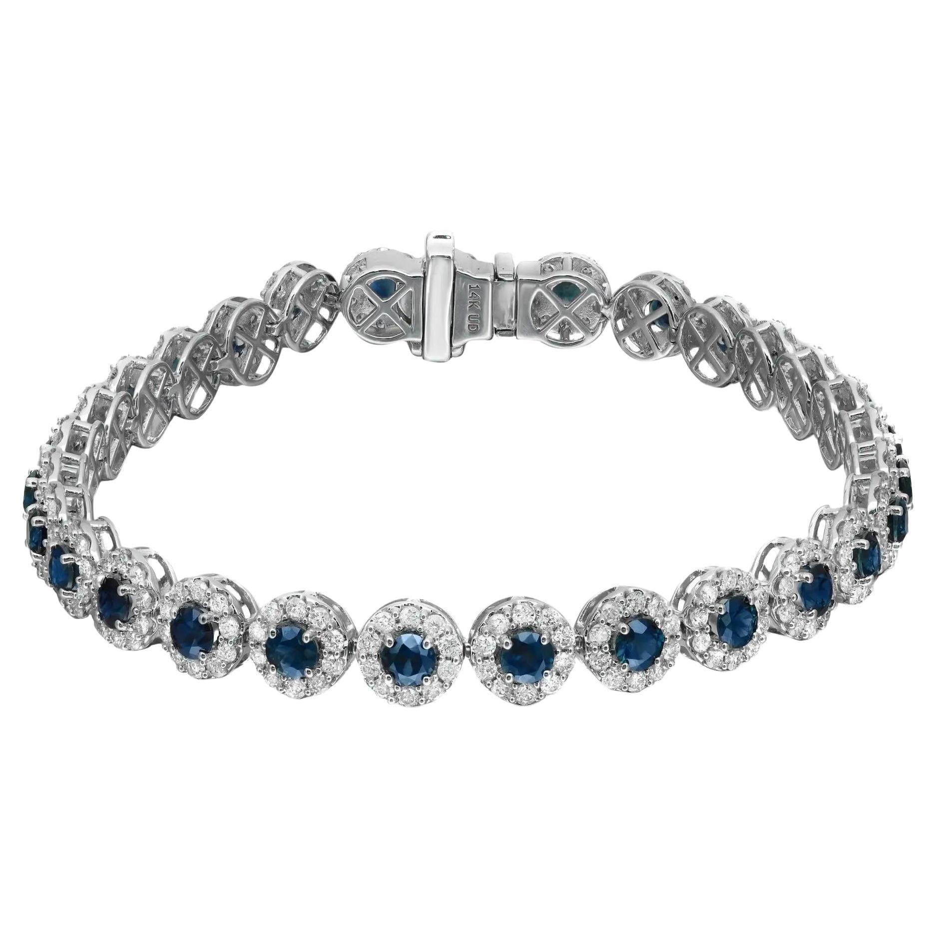 Blue Sapphire & Halo Diamond Tennis Bracelet Round Cut 14K White Gold For Sale