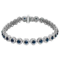 Blue Sapphire & Halo Diamond Tennis Bracelet Round Cut 14K White Gold