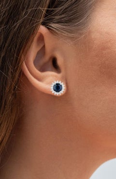 Blue Sapphire Halo Earrings Diamonds 2.3 Carats 14K White Gold