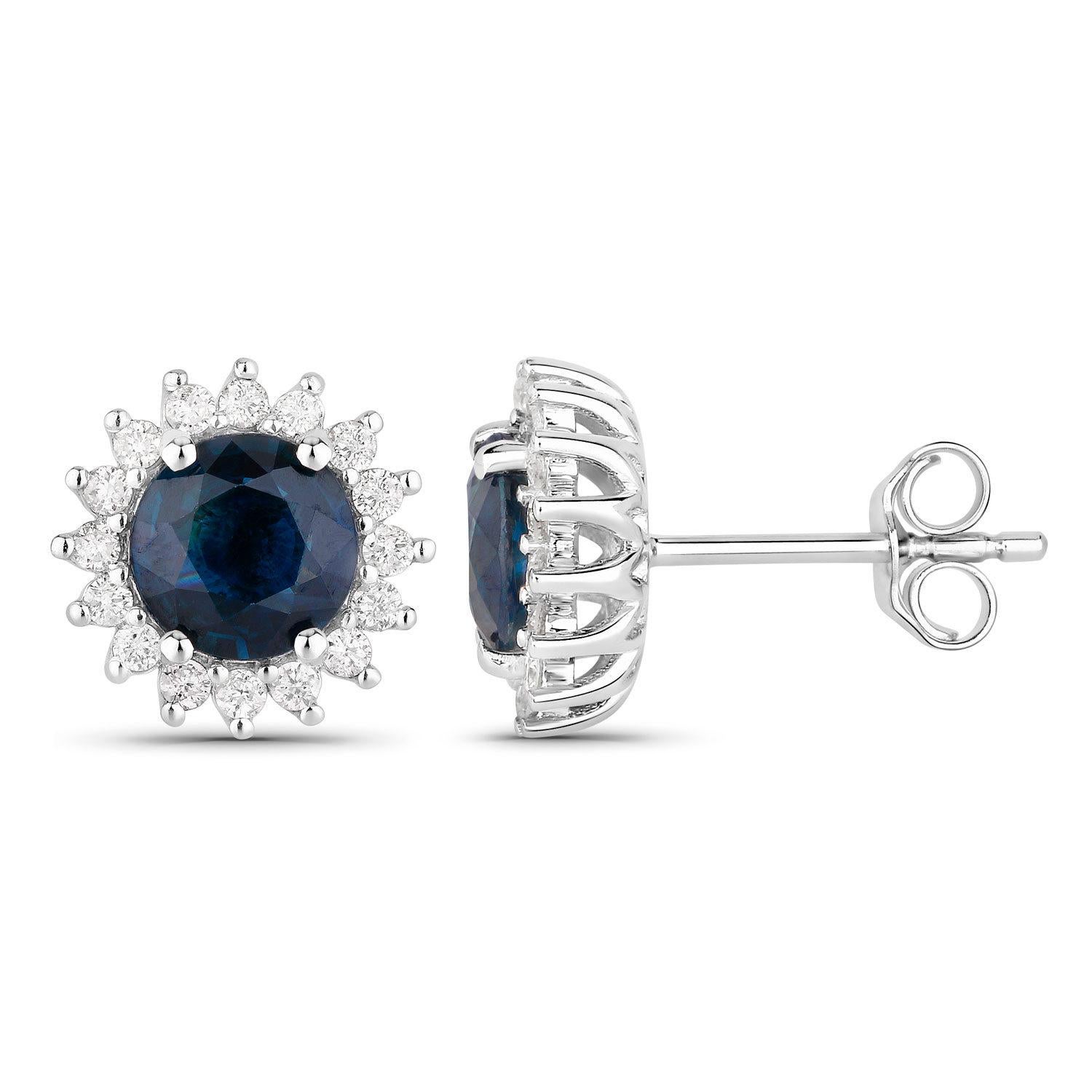 Contemporain Boucles d'oreilles saphir bleu Halo Diamants 2.3 Carats Or blanc 14K en vente
