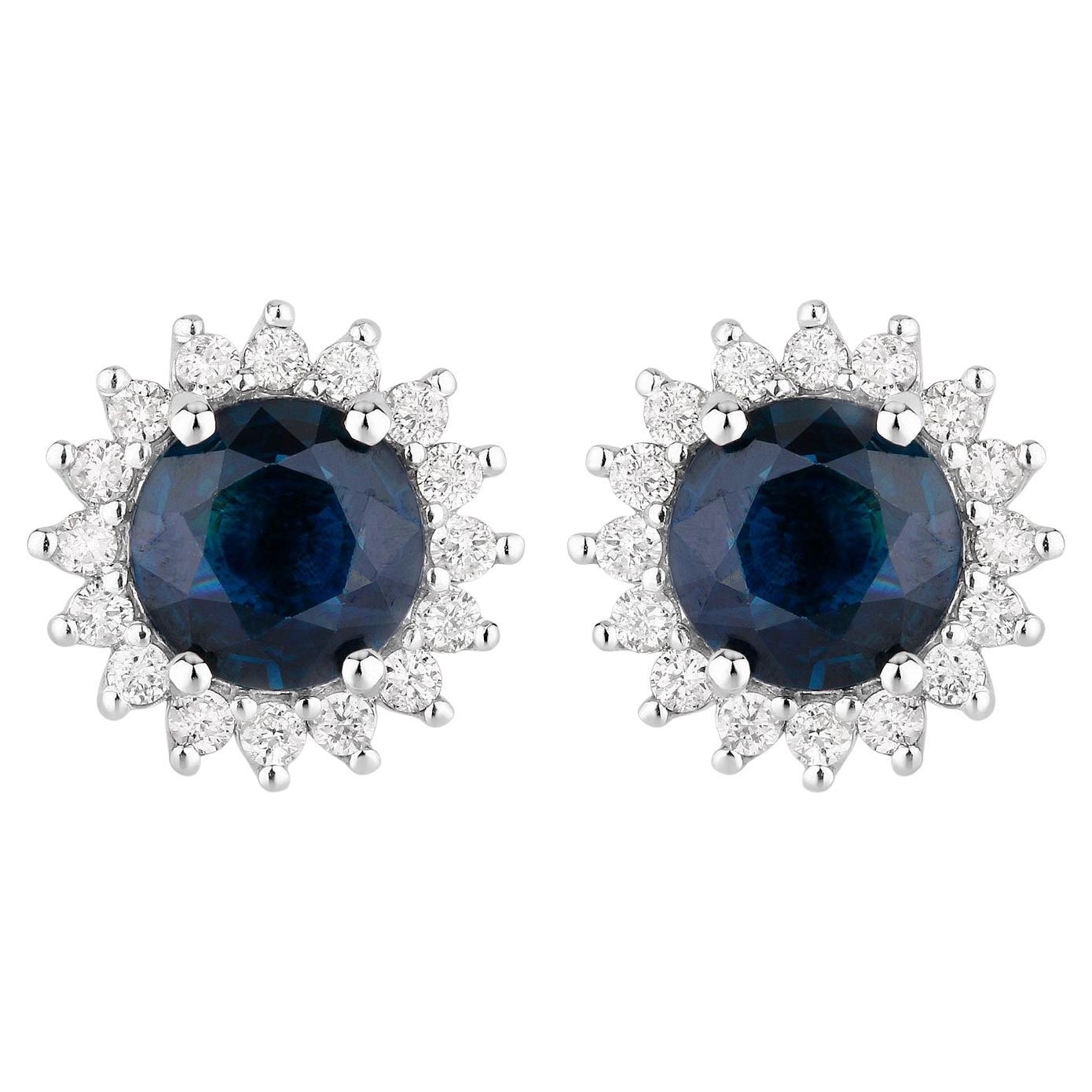 Boucles d'oreilles saphir bleu Halo Diamants 2.3 Carats Or blanc 14K en vente