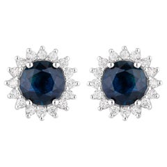 Blue Sapphire Halo Earrings Diamonds 2.3 Carats 14K White Gold