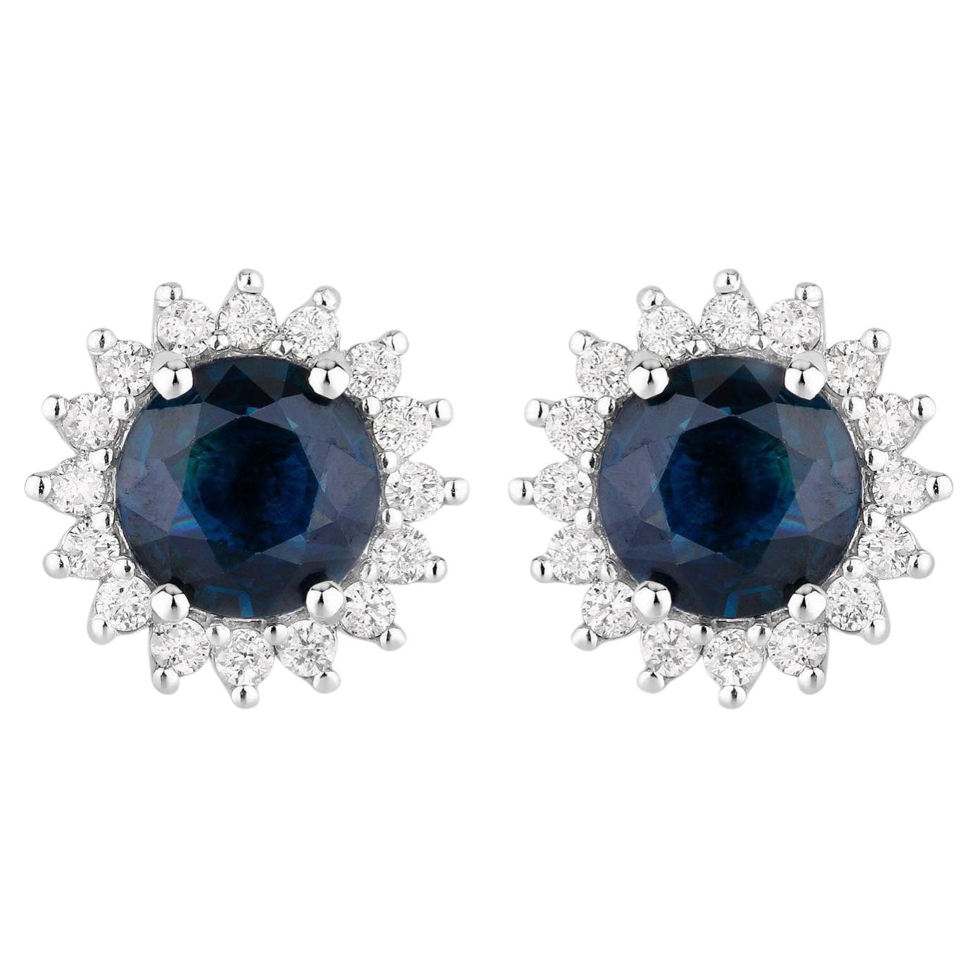 Blue Sapphire Halo Earrings Diamonds 2.3 Carats 14K White Gold