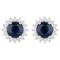Blue Sapphire Halo Earrings Diamonds 2.3 Carats 14K White Gold