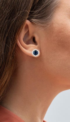 Blue Sapphire Halo Earrings Diamonds 2.3 Carats 14K Yellow Gold