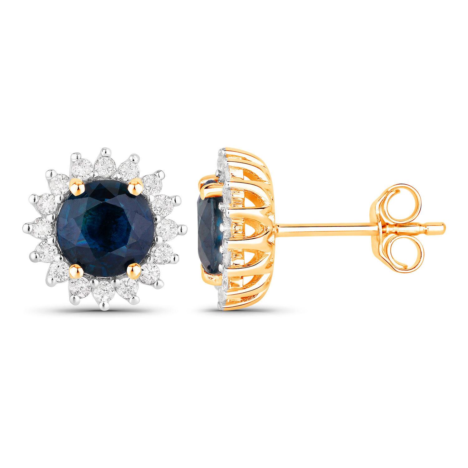 Contemporain Boucles d'oreilles saphir bleu Halo Diamants 2.3 Carats Or jaune 14K en vente
