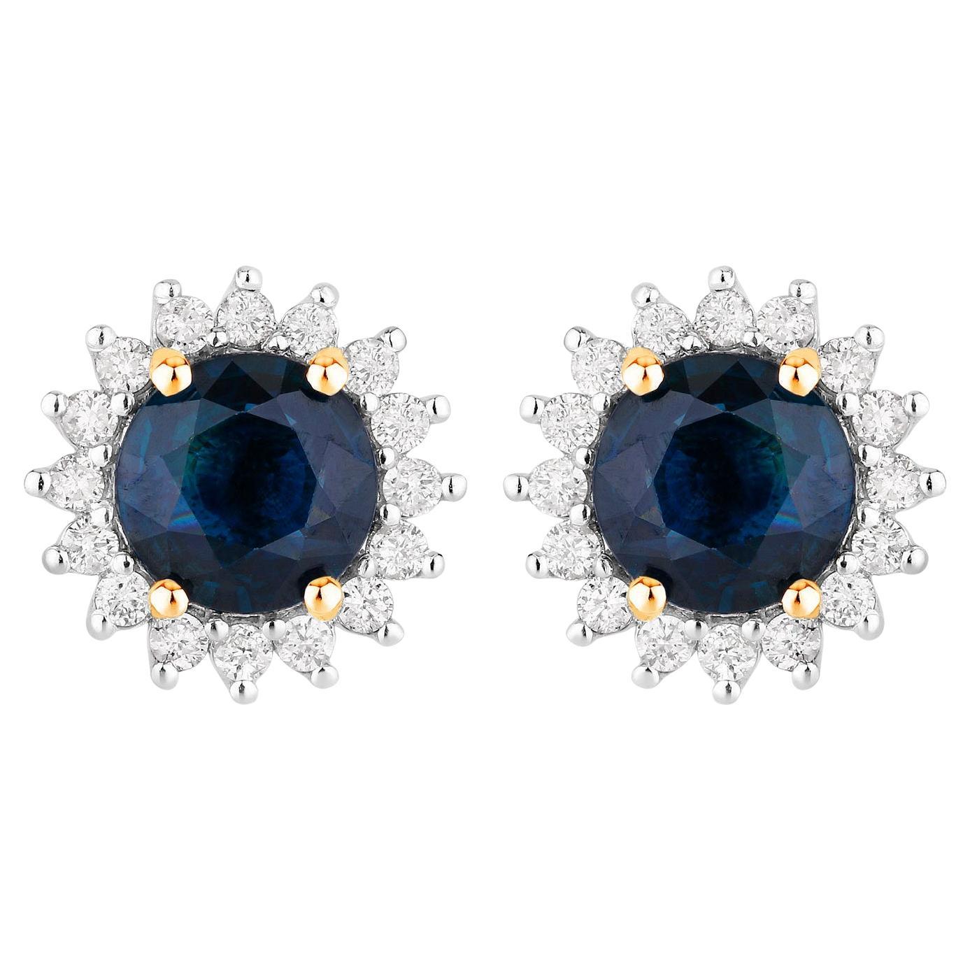 Boucles d'oreilles saphir bleu Halo Diamants 2.3 Carats Or jaune 14K