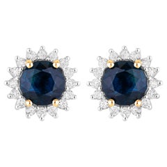 Blue Sapphire Halo Earrings Diamonds 2.3 Carats 14K Yellow Gold
