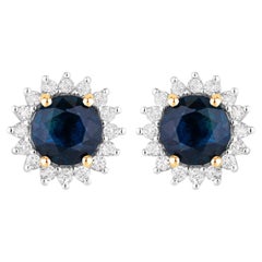 Blue Sapphire Halo Earrings Diamonds 2.3 Carats 14K Yellow Gold