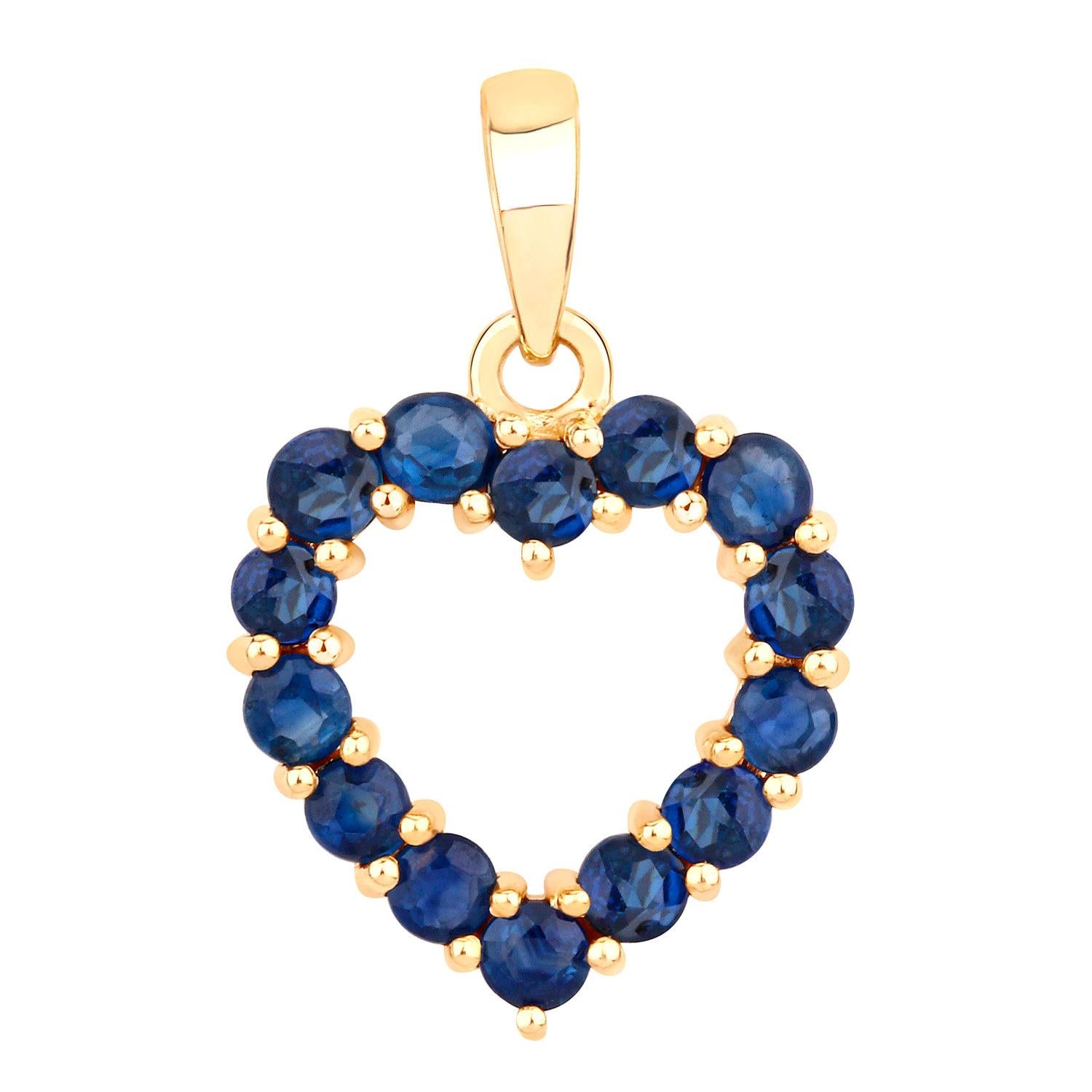 Round Cut Blue Sapphire Heart Pendant Necklace 10K Yellow Gold For Sale