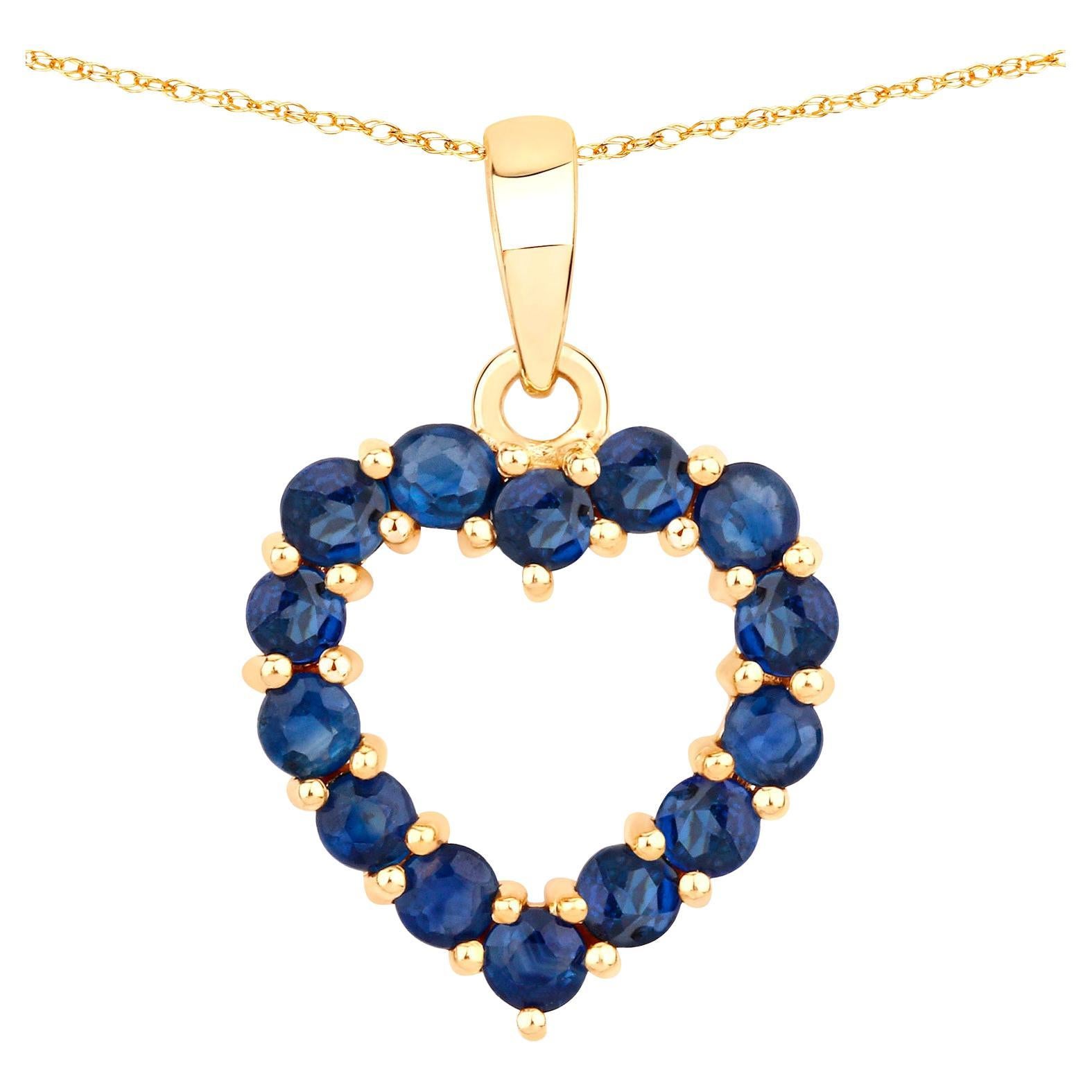Blue Sapphire Heart Pendant Necklace 10K Yellow Gold For Sale