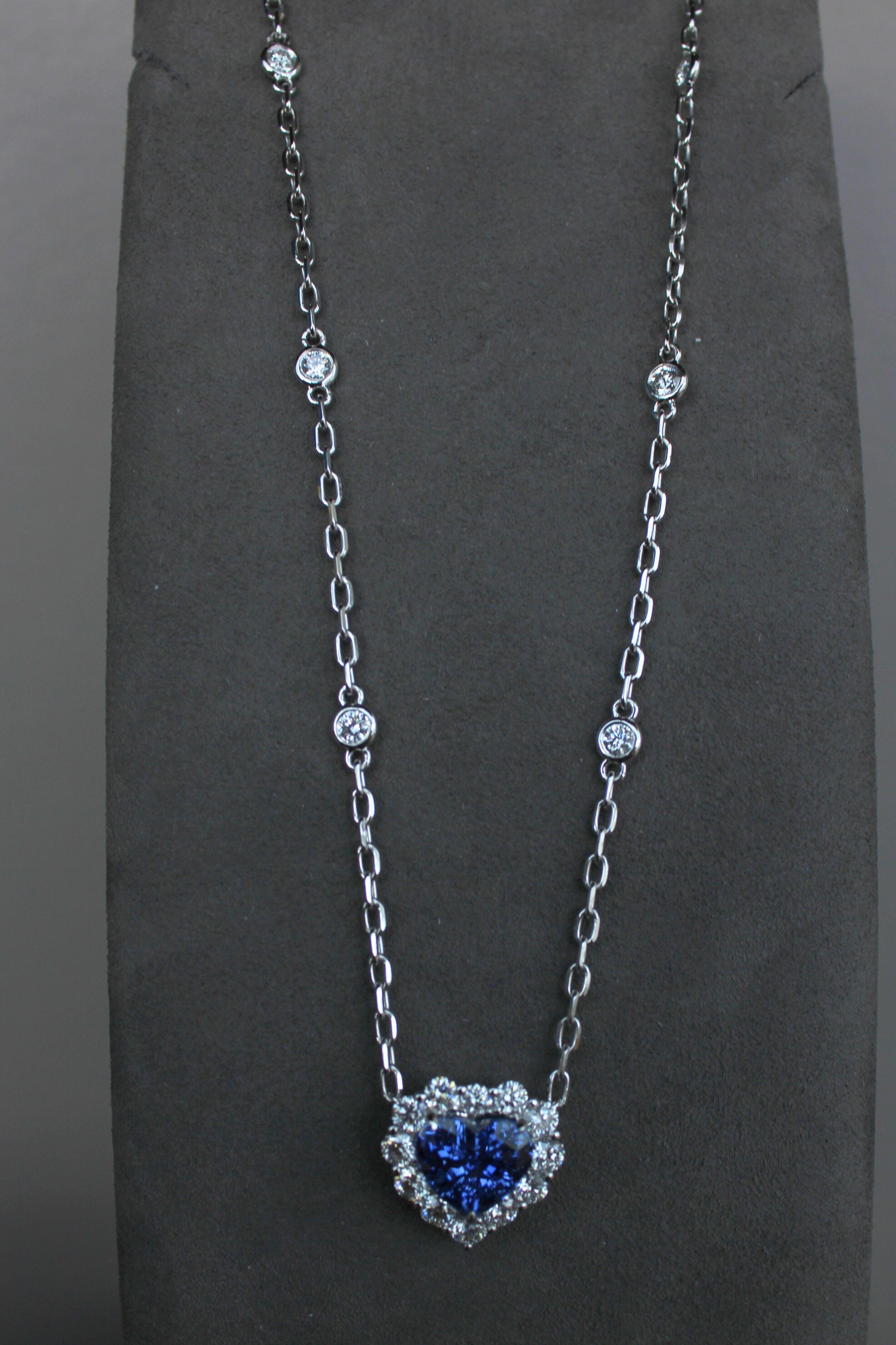 Blue Sapphire Heart Shape Cut Diamonds Halo 18K White Gold Pendant Necklace For Sale 4