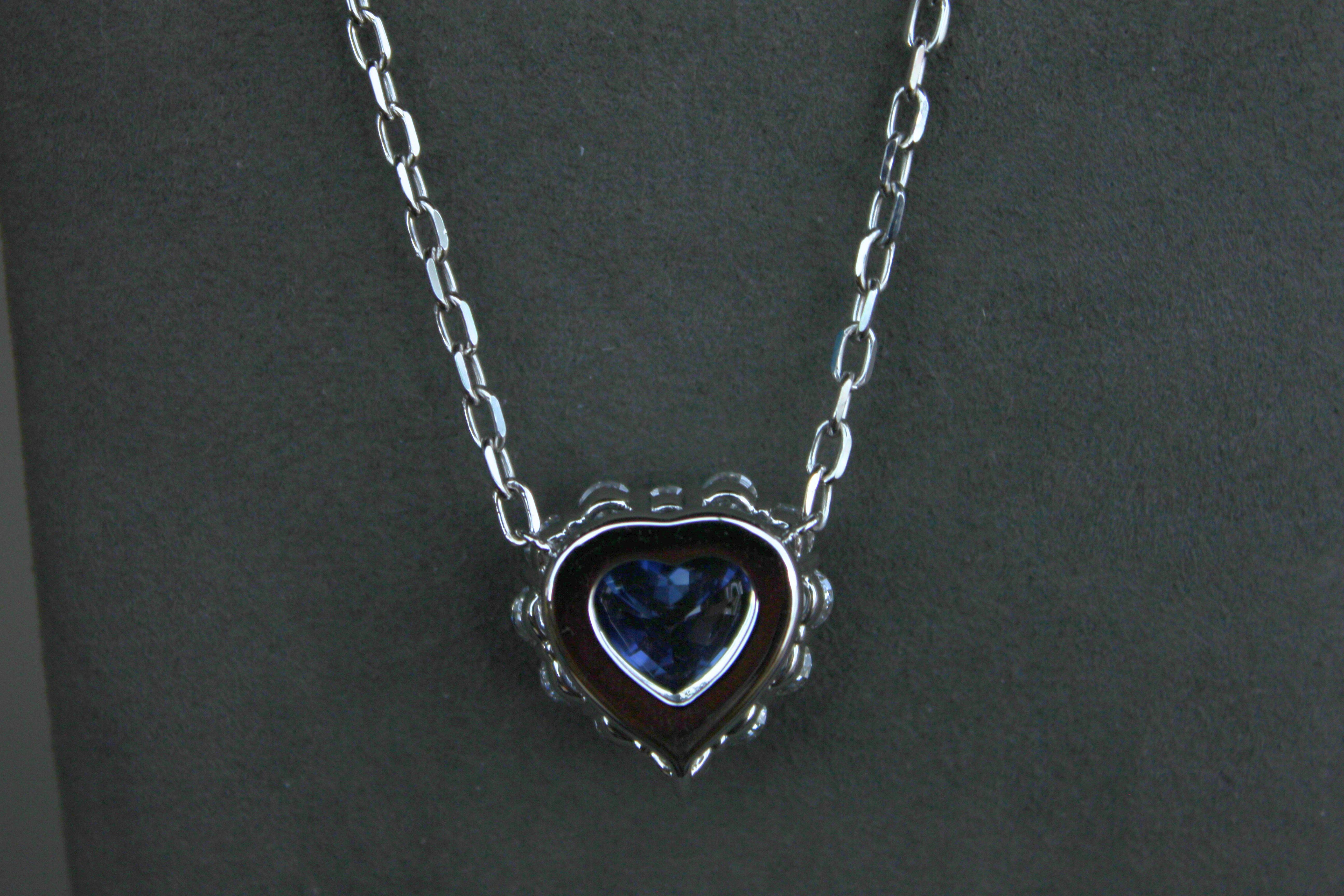 Blue Sapphire Heart Shape Cut Diamonds Halo 18K White Gold Pendant Necklace For Sale 6