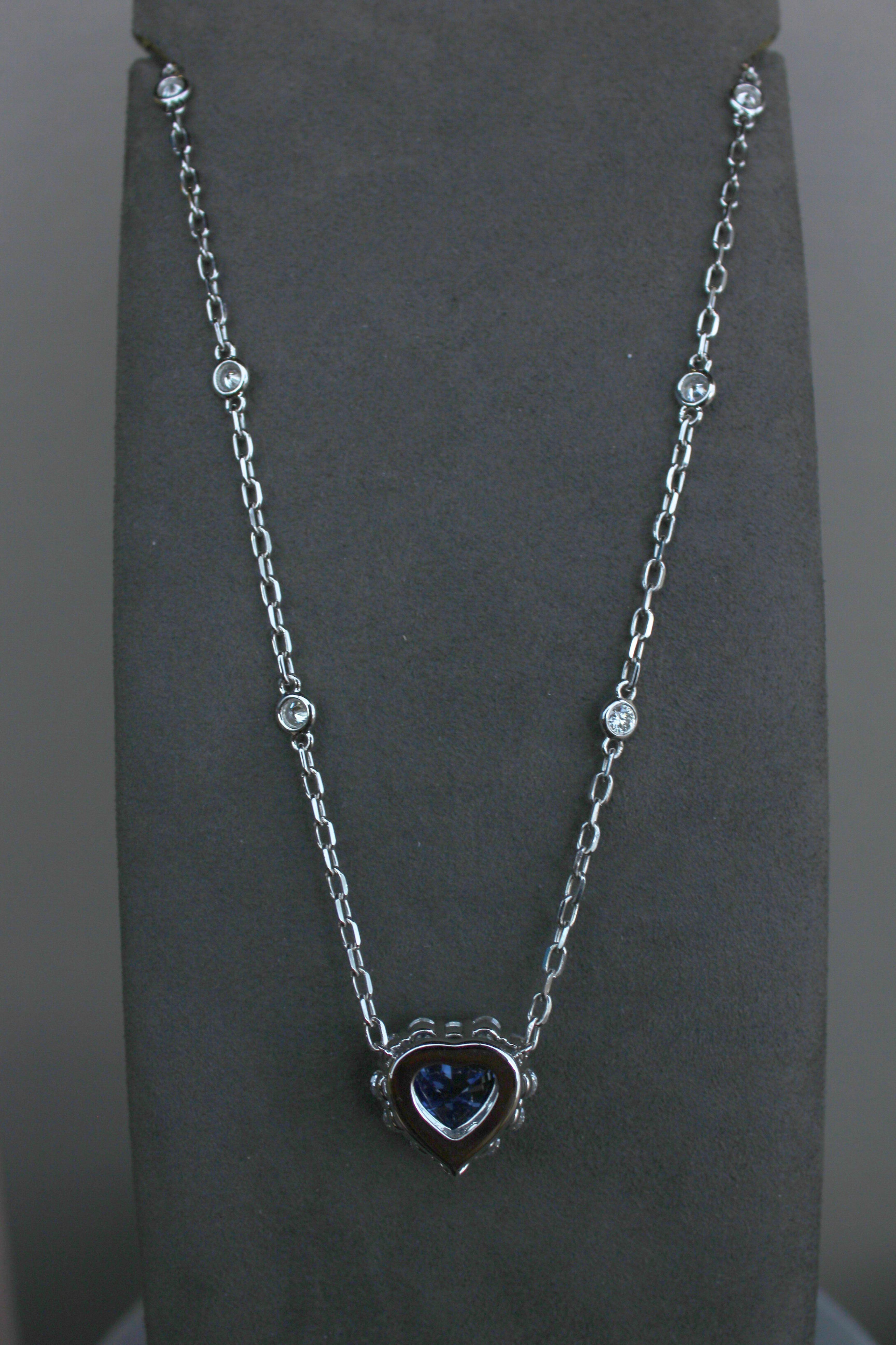 Blue Sapphire Heart Shape Cut Diamonds Halo 18K White Gold Pendant Necklace For Sale 7