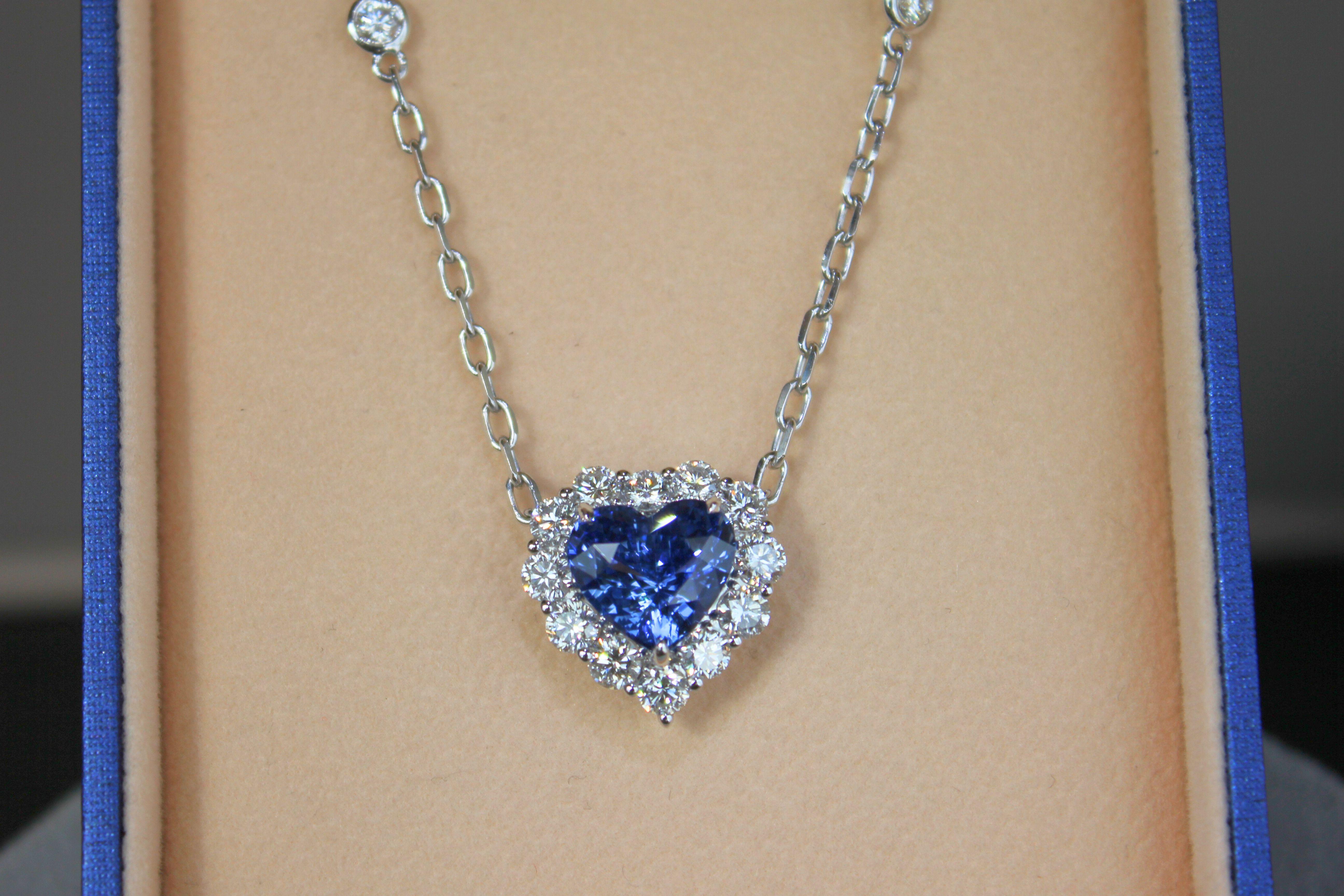 Blue Sapphire Heart Shape Cut Diamonds Halo 18K White Gold Pendant Necklace For Sale 9