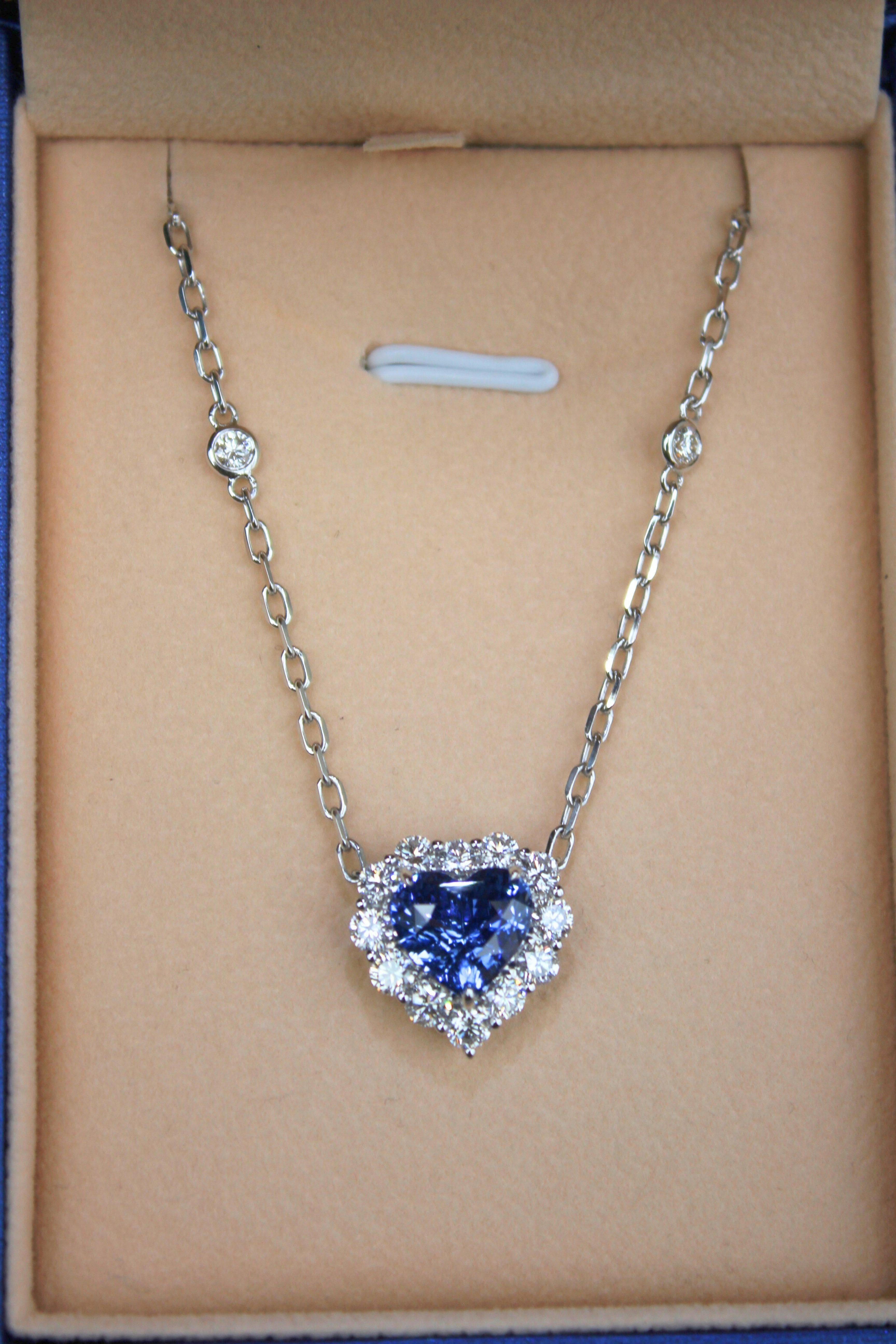 Blue Sapphire Heart Shape Cut Diamonds Halo 18K White Gold Pendant Necklace For Sale 11