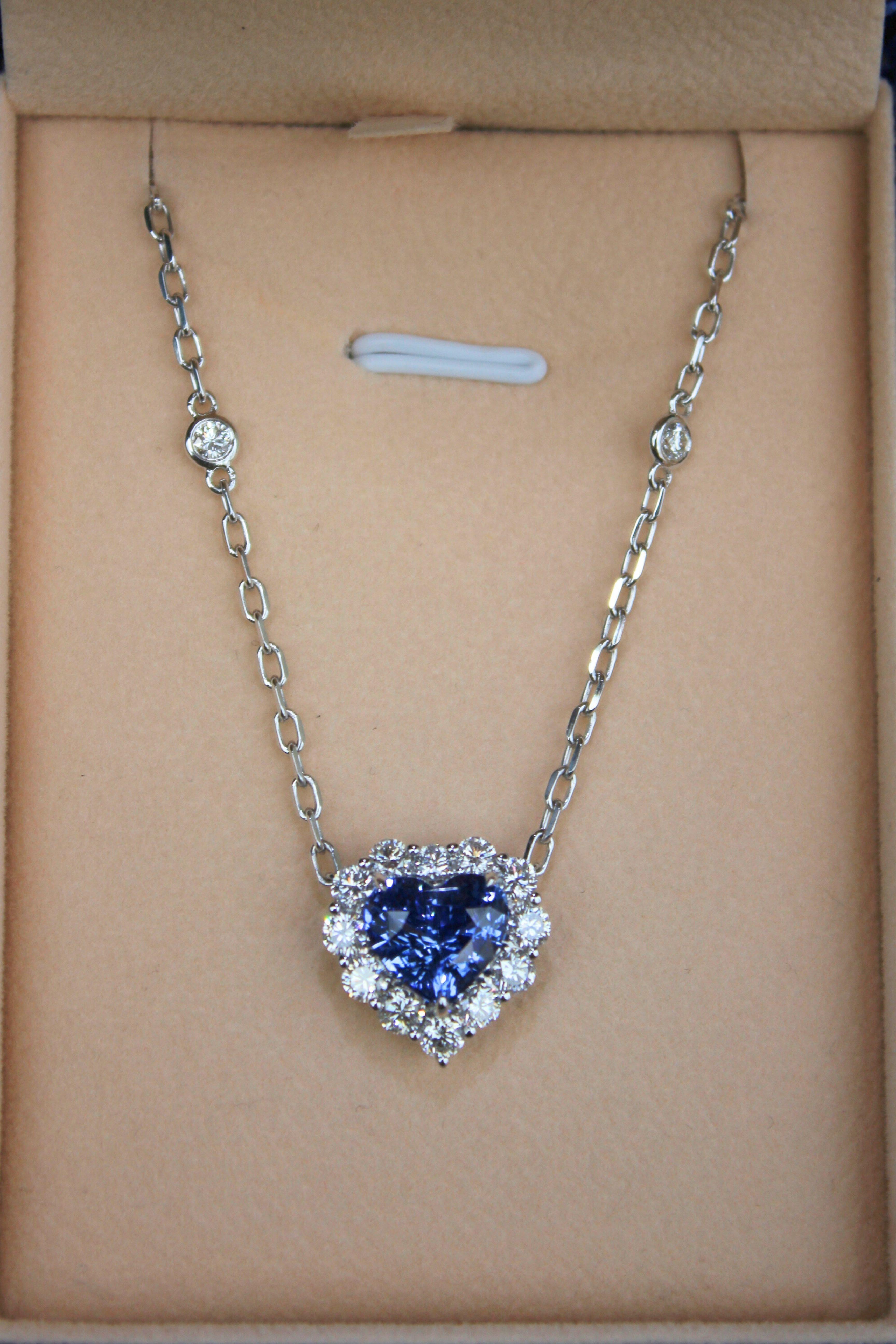 Blue Sapphire Heart Shape Cut Diamonds Halo 18K White Gold Pendant Necklace For Sale 12