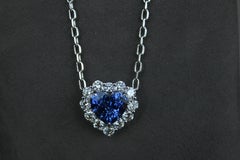 Blue Sapphire Heart Shape Cut Diamonds Halo 18K White Gold Pendant Necklace