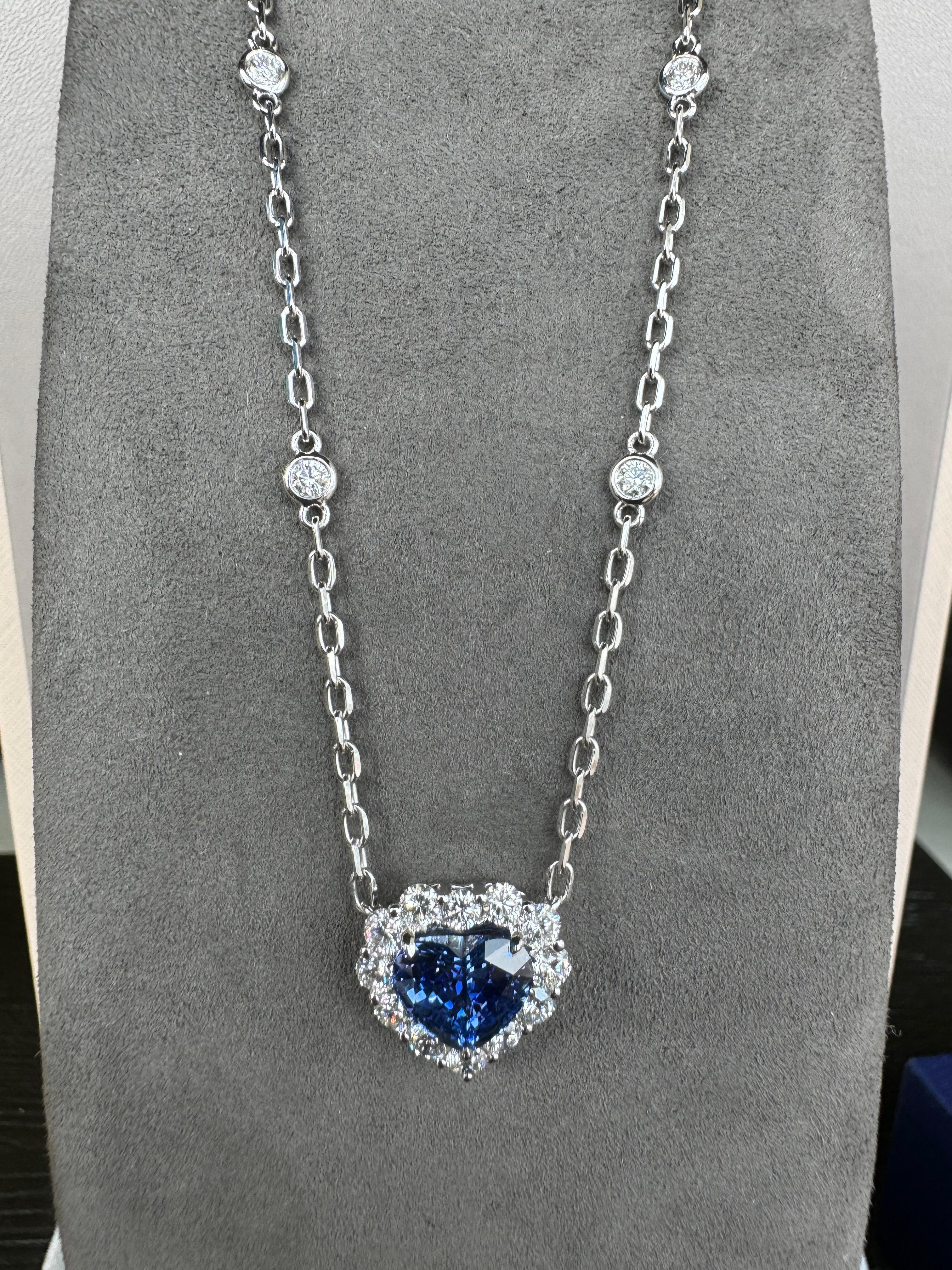 Heart Cut Blue Sapphire Heart Shape Cut Diamonds Halo 18K White Gold Pendant Necklace For Sale