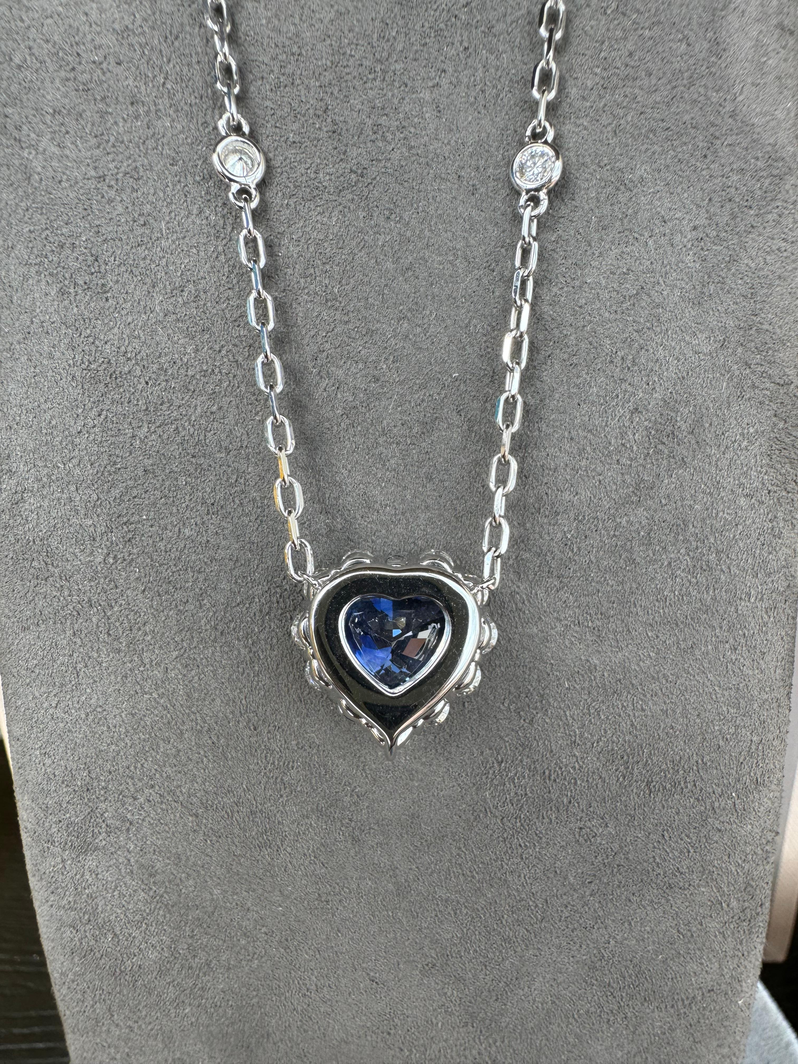 Blue Sapphire Heart Shape Cut Diamonds Halo 18K White Gold Pendant Necklace In New Condition For Sale In Oakton, VA