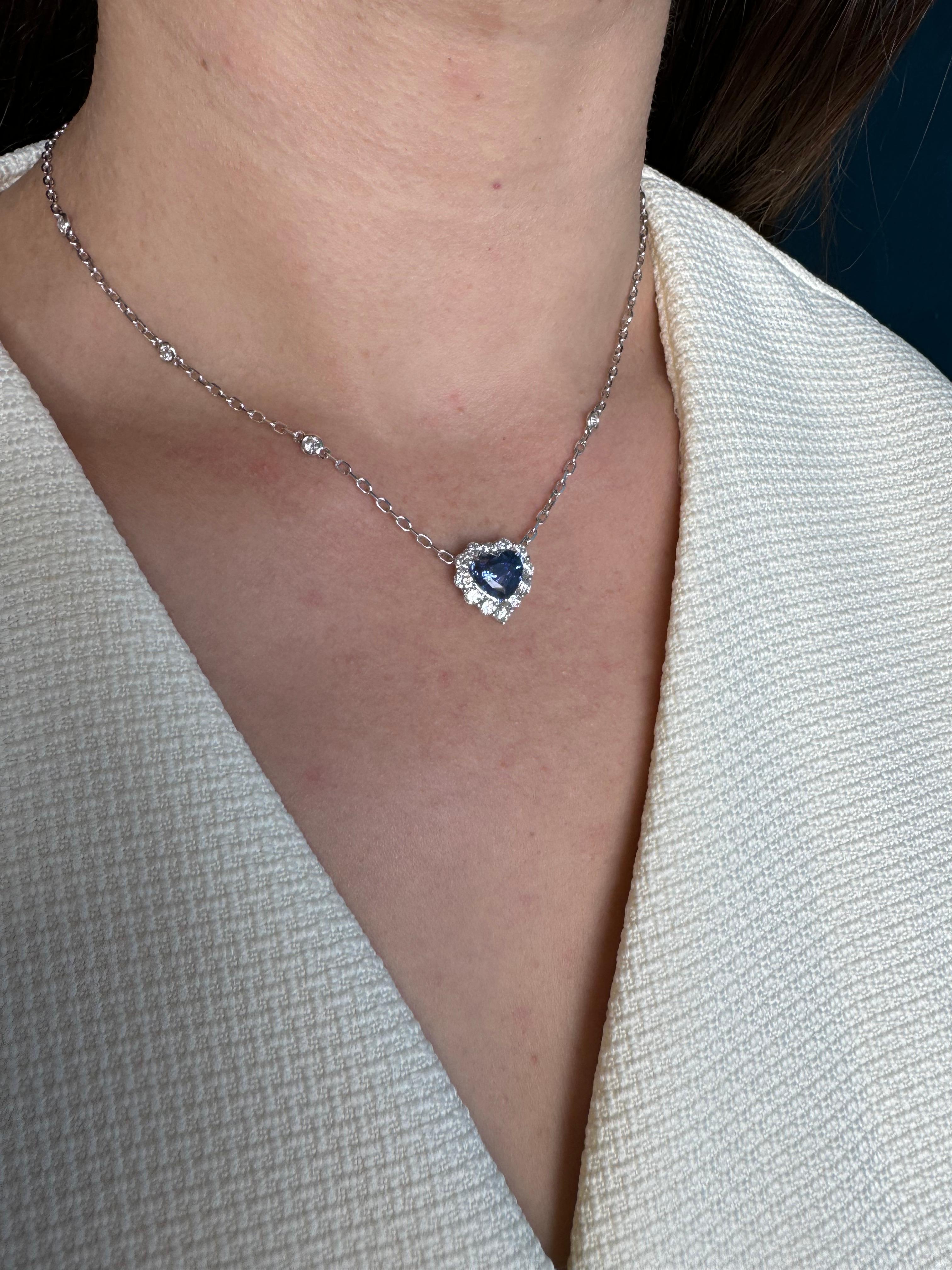 Blue Sapphire Heart Shape Cut Diamonds Halo 18K White Gold Pendant Necklace For Sale 1