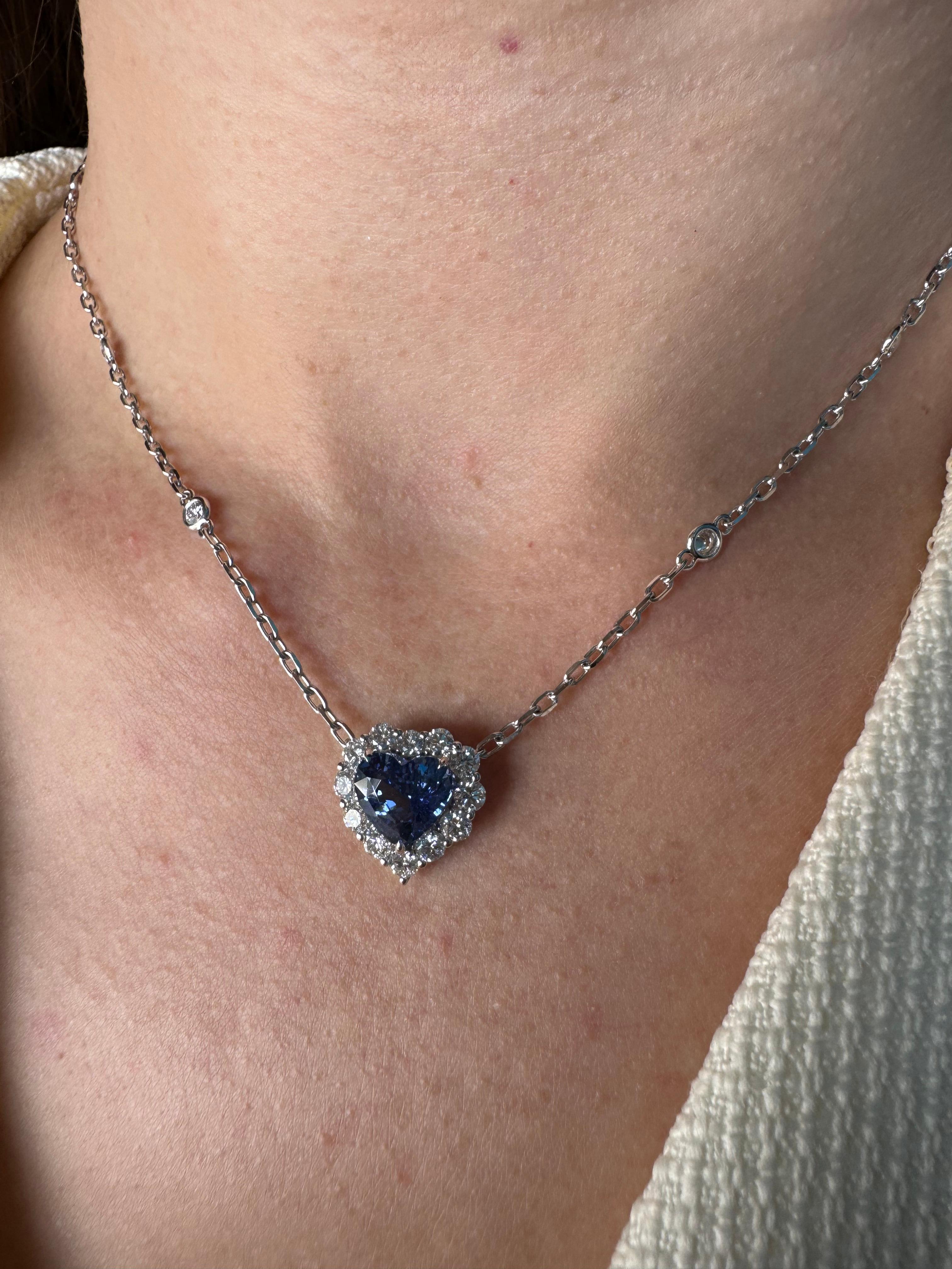 Blue Sapphire Heart Shape Cut Diamonds Halo 18K White Gold Pendant Necklace For Sale 2
