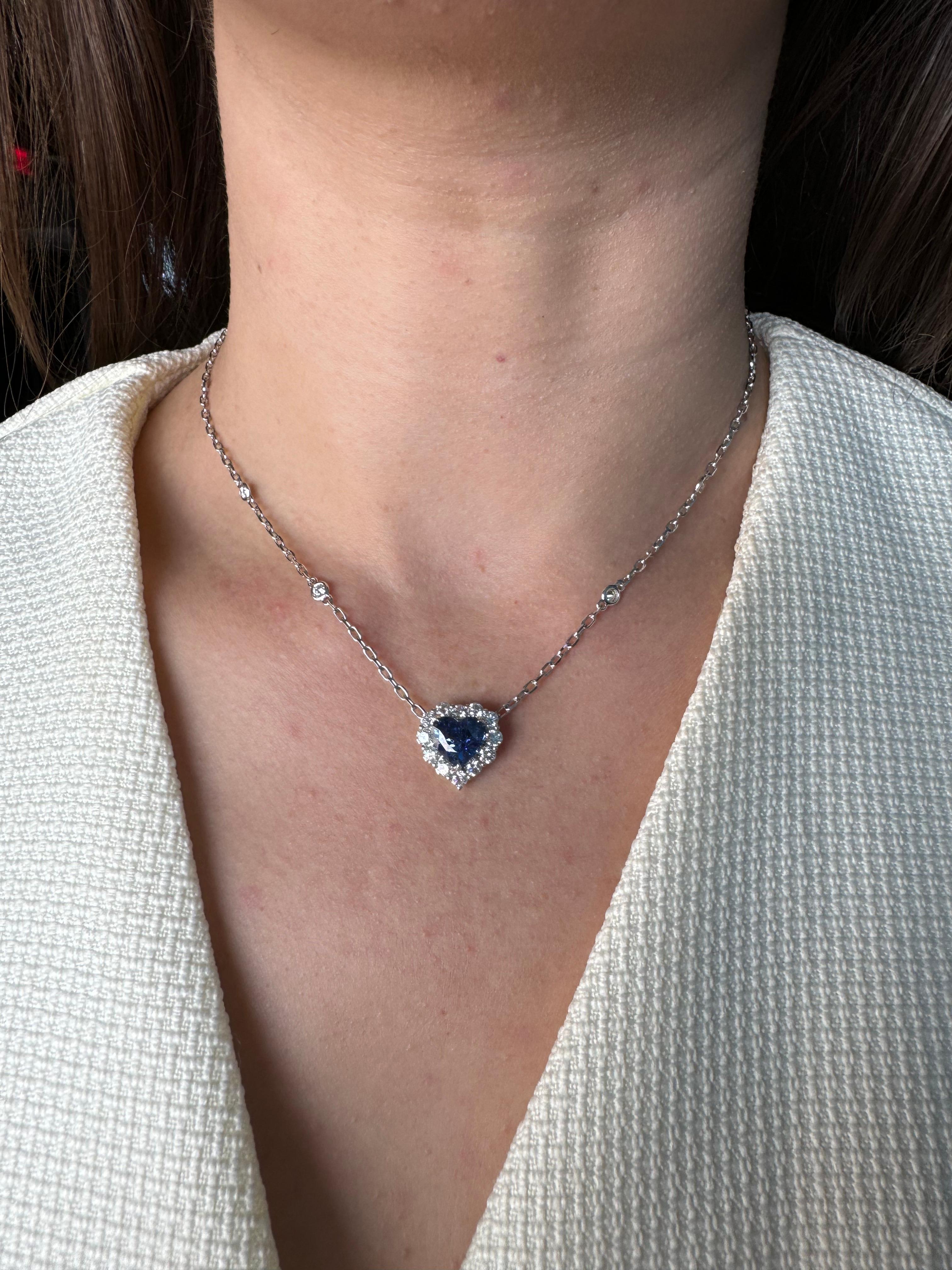 Blue Sapphire Heart Shape Cut Diamonds Halo 18K White Gold Pendant Necklace For Sale 3