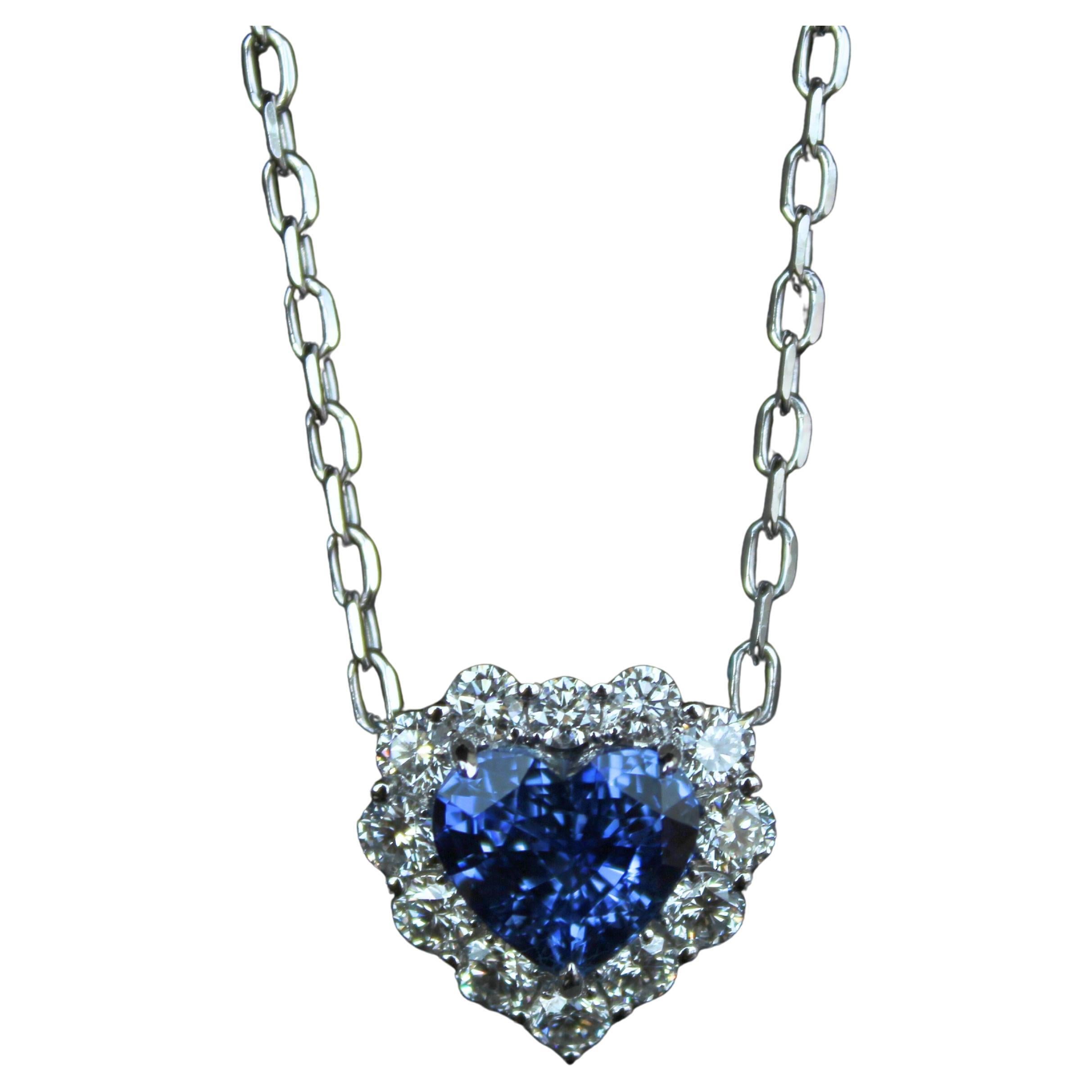Blue Sapphire Heart Shape Cut Diamonds Halo 18K White Gold Pendant Necklace
