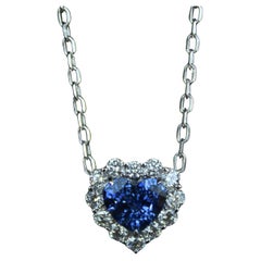 Blue Sapphire Heart Shape Cut Diamonds Halo 18K White Gold Pendant Necklace