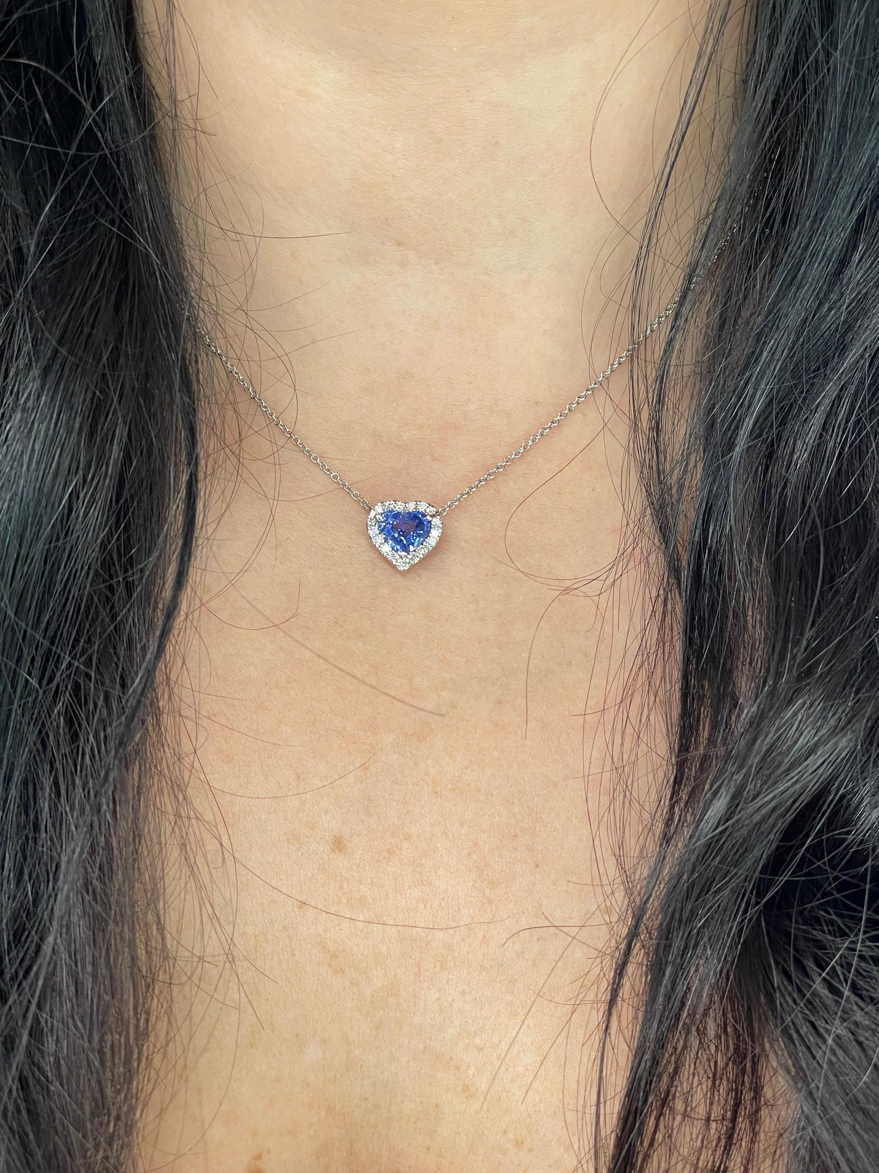 Heart Cut Blue Sapphire Heart Shape Diamond Halo Pendant 1.55 Carat 18 Karat White Gold