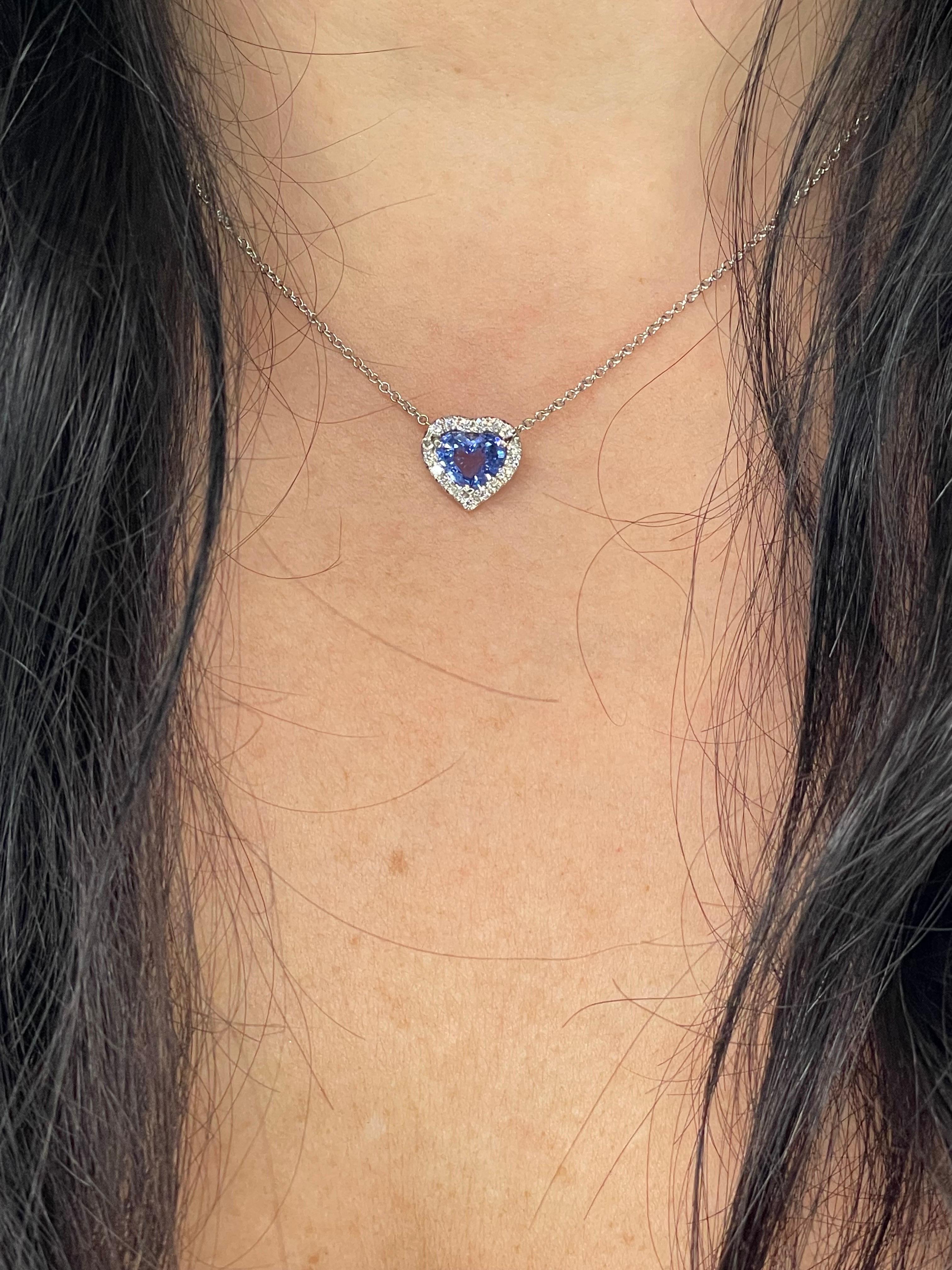 Blue Sapphire Heart Shape Diamond Halo Pendant 1.55 Carat 18 Karat White Gold In New Condition In New York, NY