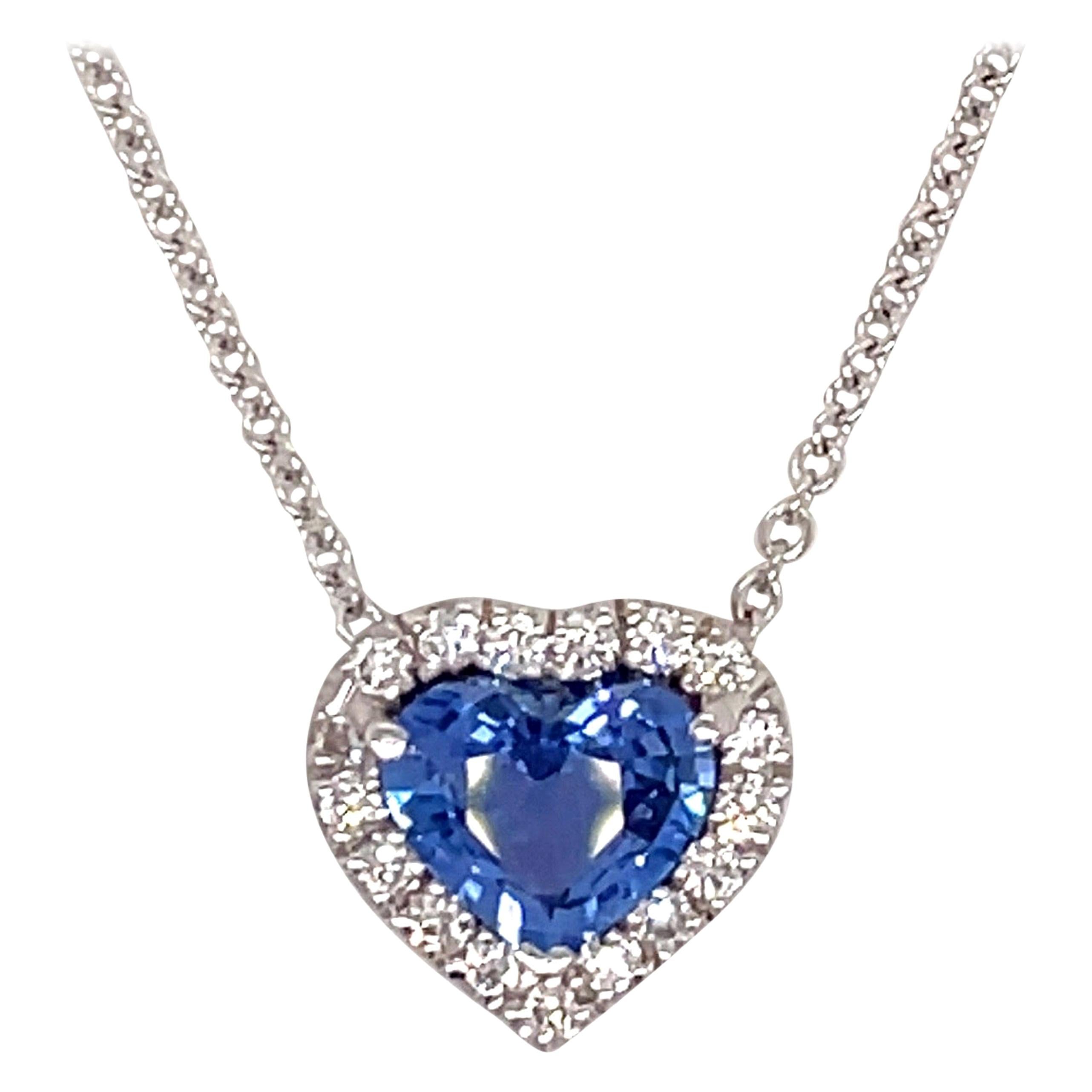 Blue Sapphire Heart Shape Diamond Halo Pendant 1.55 Carat 18 Karat White Gold