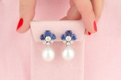 Blue Sapphire Heart Shape Diamond Pearl Earrings  Design by Ella Gafter