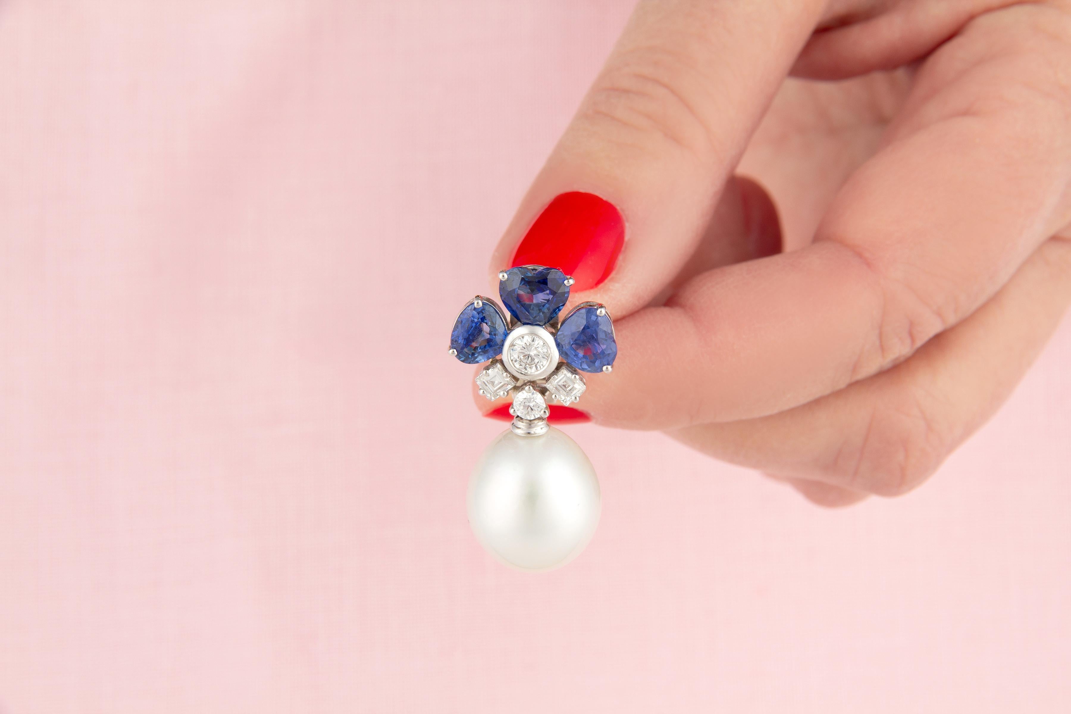 Artist Blue Sapphire Heart Shape Diamond Pearl Earrings  Design by Ella Gafter For Sale