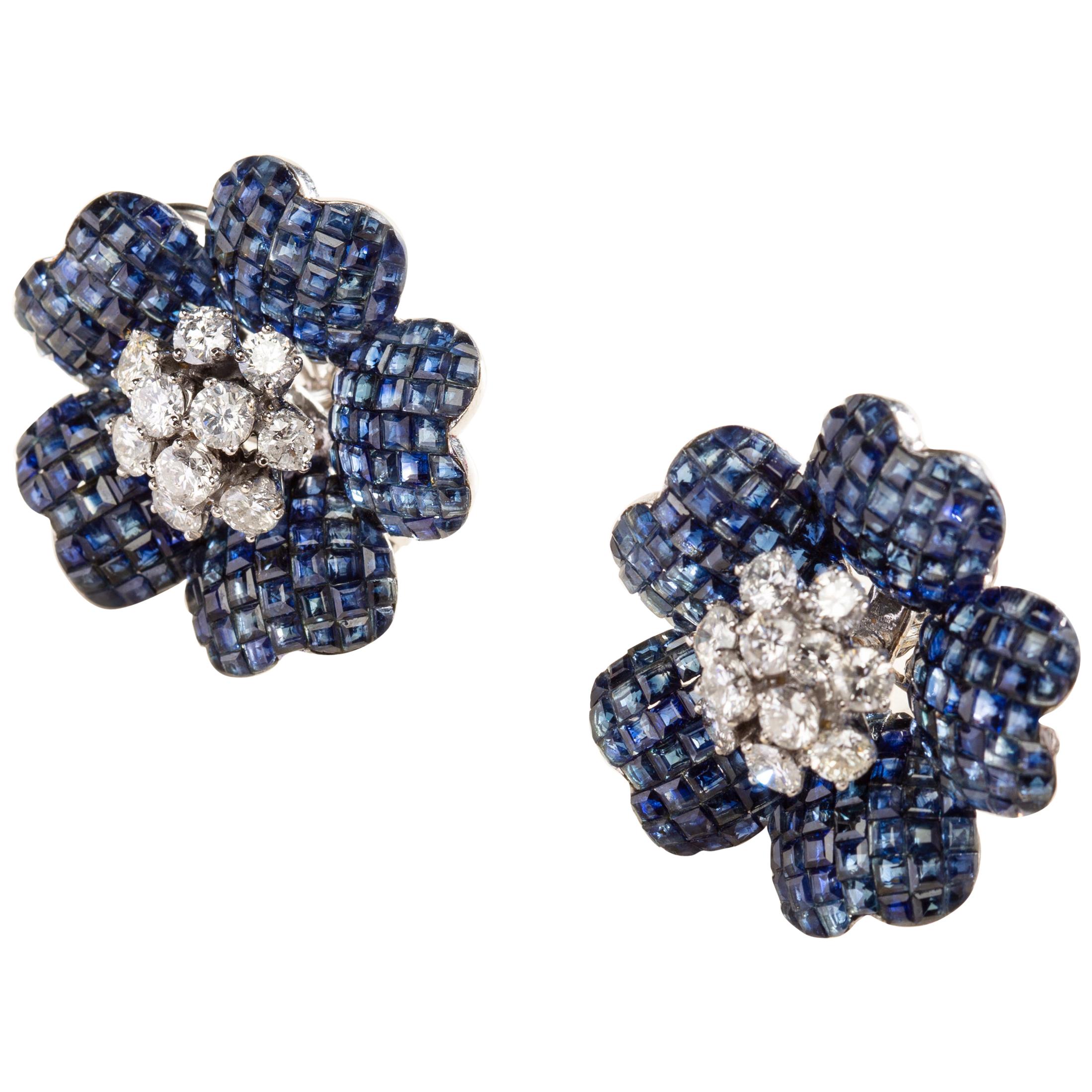 Blue Sapphire Hibiscus Flower Earrings with Diamonds in 14 Karat Gold For Sale