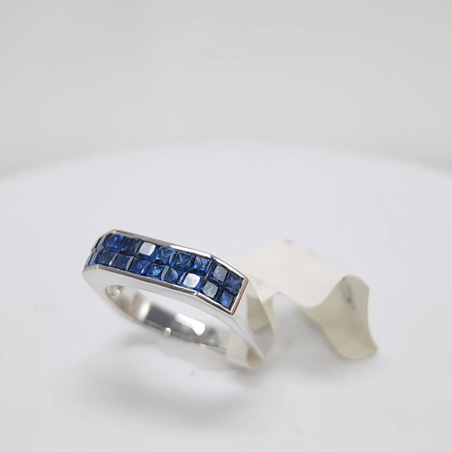 Princess Cut Blue Sapphire Invisible Setting Ring 14 Karat White Gold .