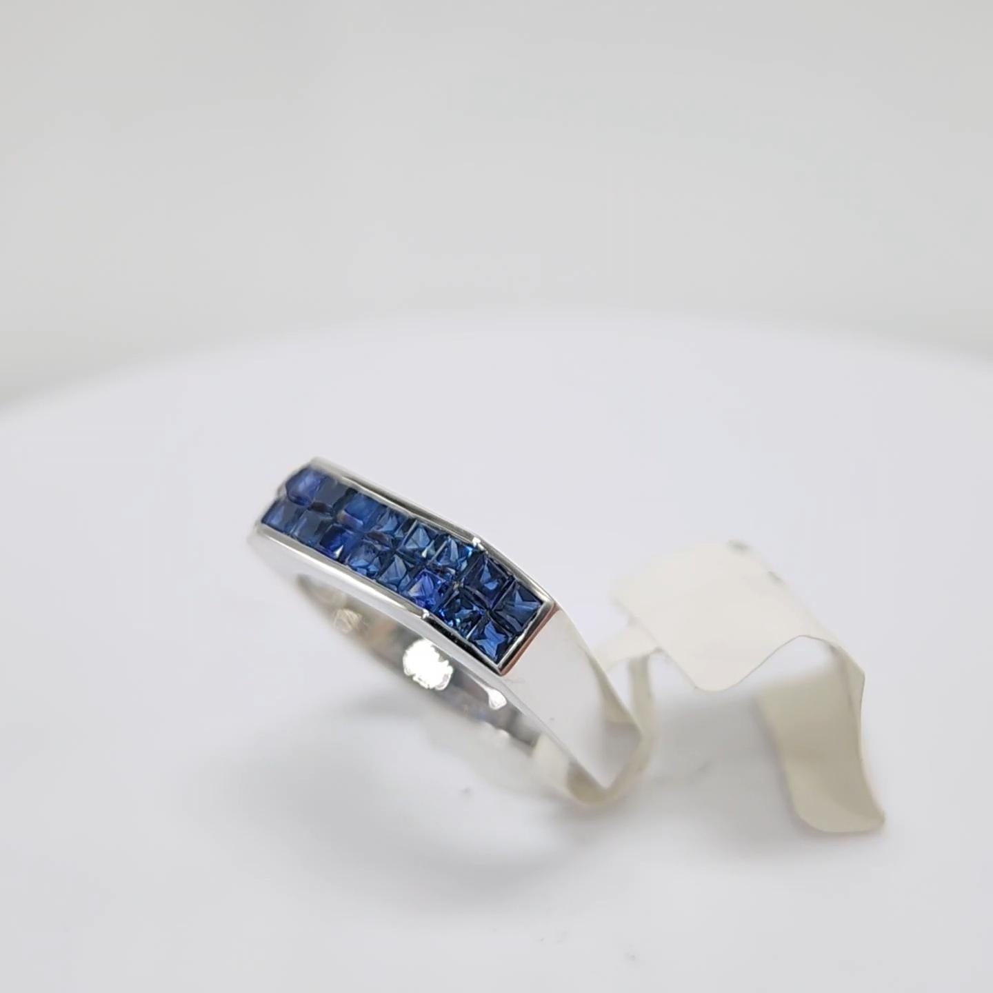 Women's Blue Sapphire Invisible Setting Ring 14 Karat White Gold .